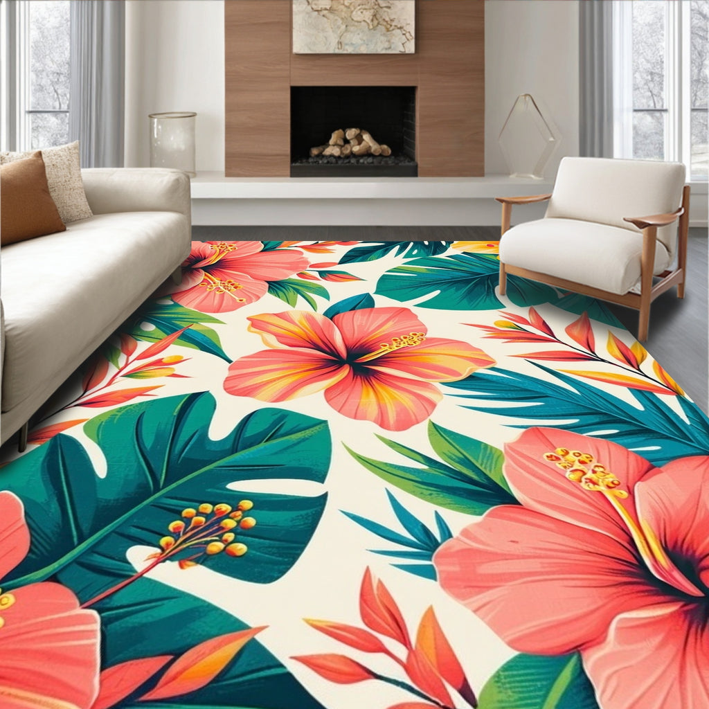 Tropical Hibiscus Leaf Floral Pattern Rug