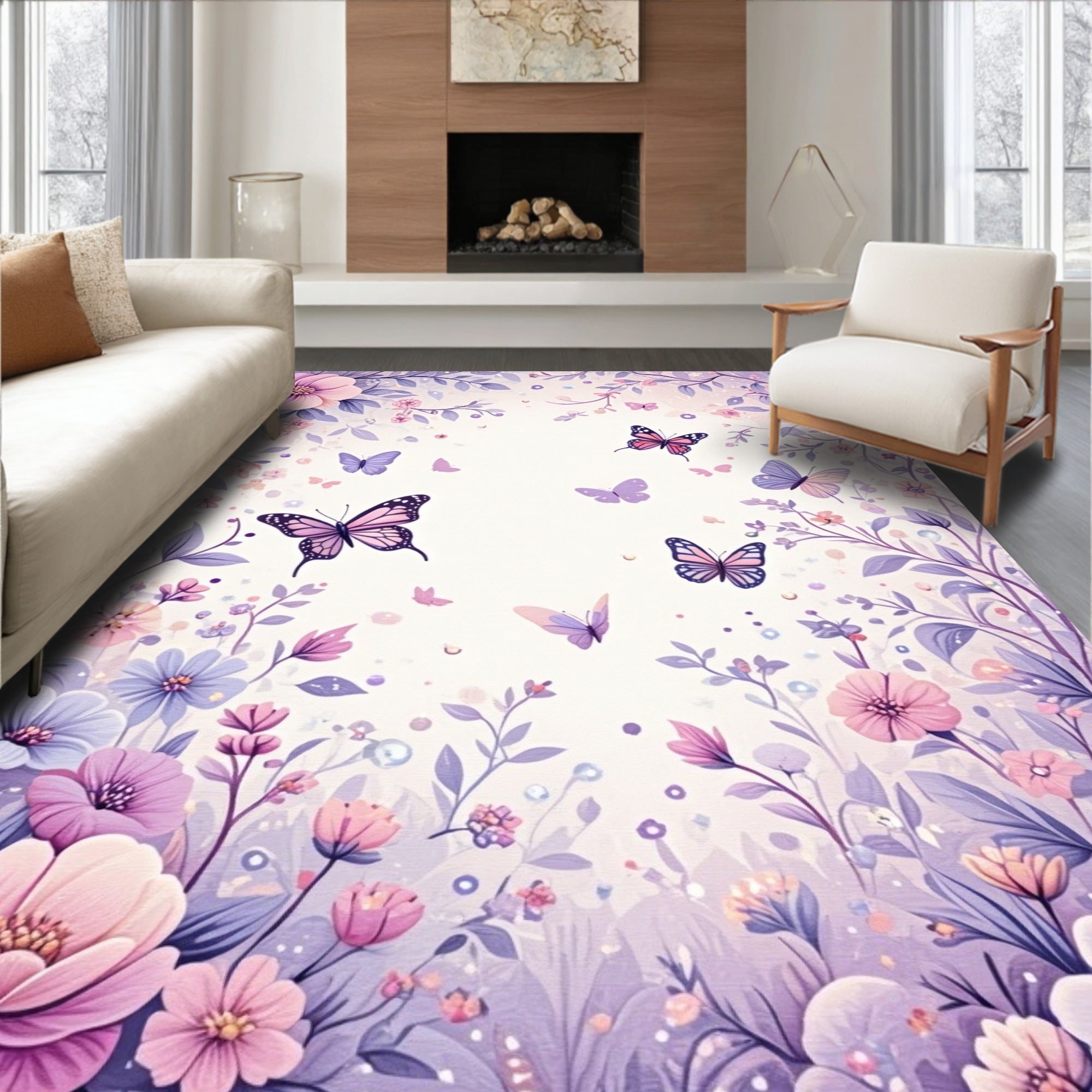 Whimsical Lilac Butterfly Floral Garden Rug