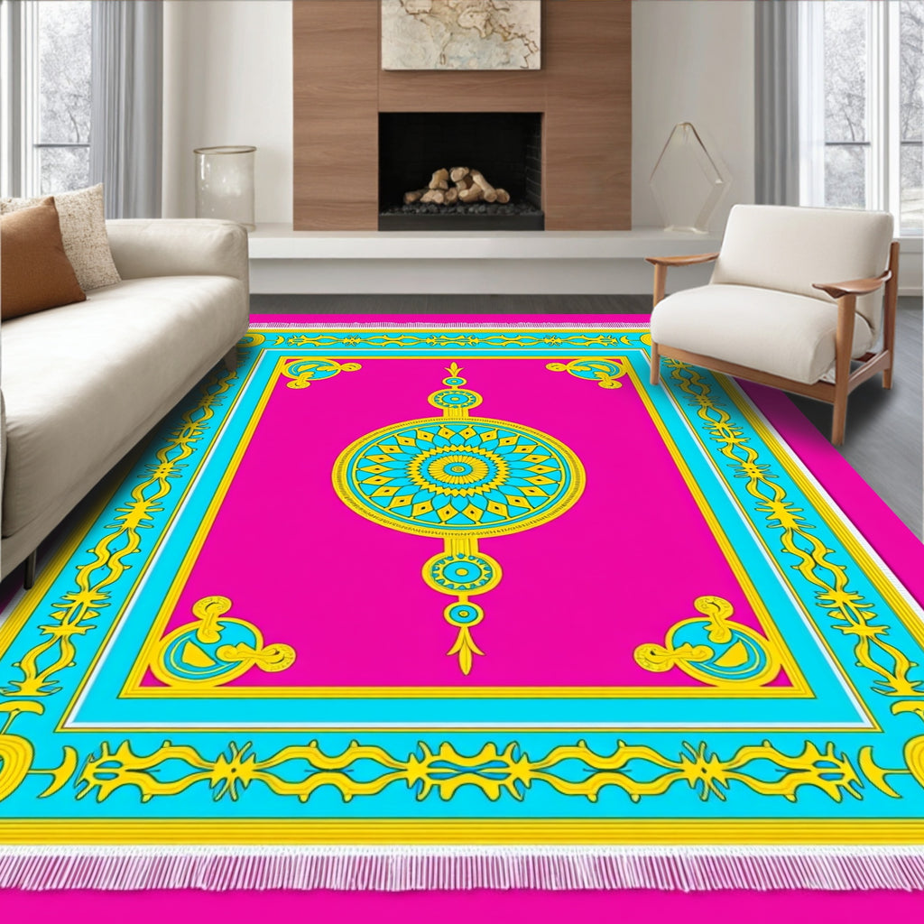 Vibrant Pink Cyan Yellow Medallion Rug