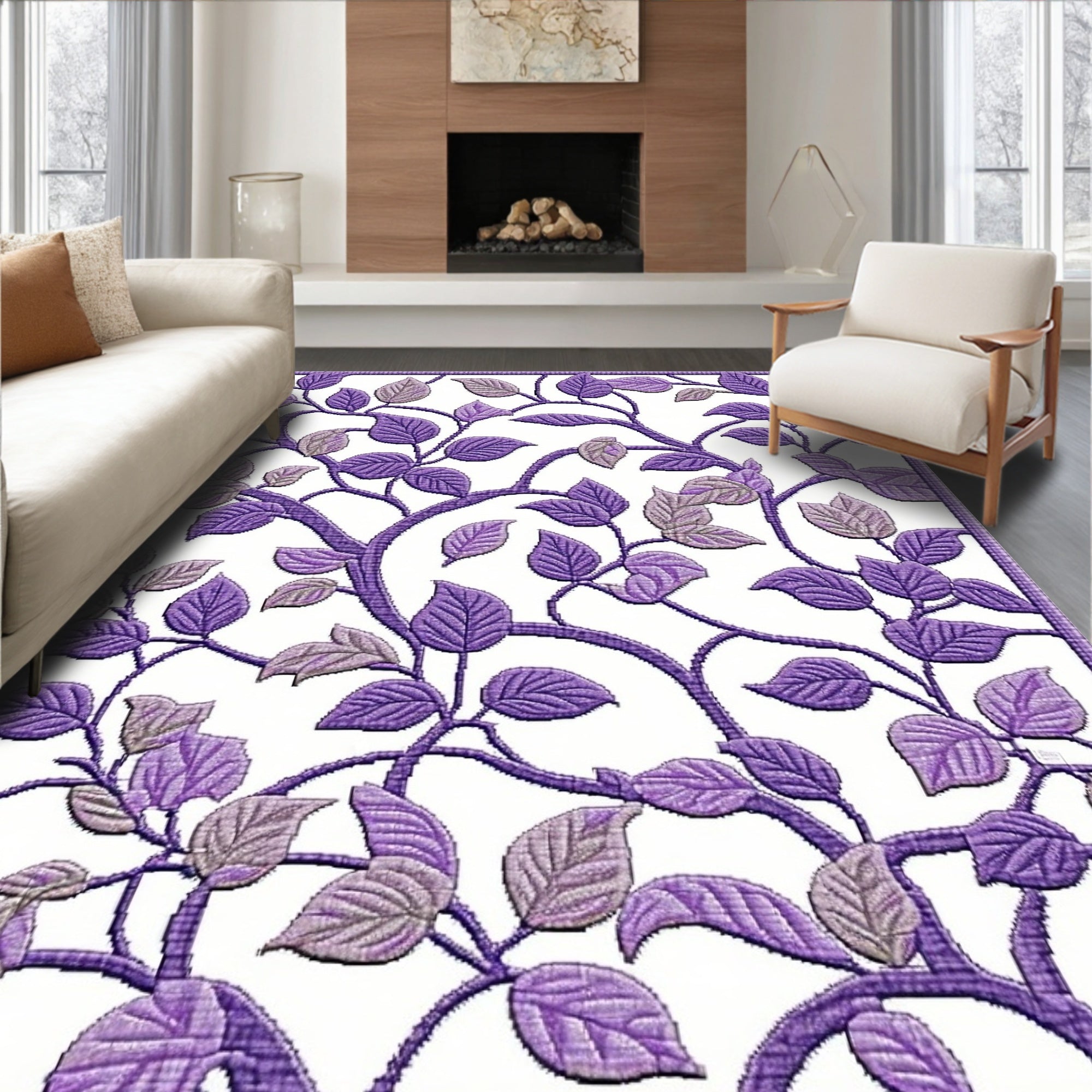 Purple Vine Floral Pattern Rug