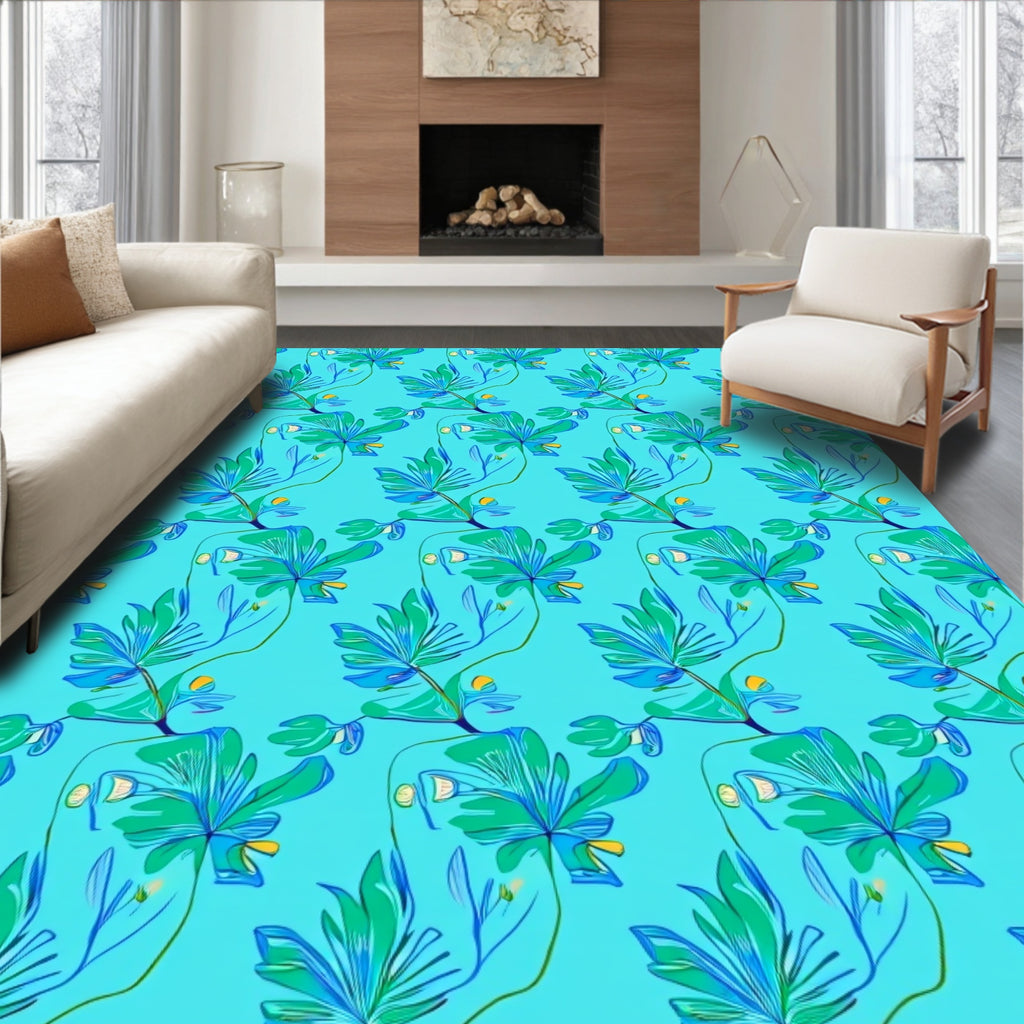 Aqua Floral Botanical Pattern Design Rug