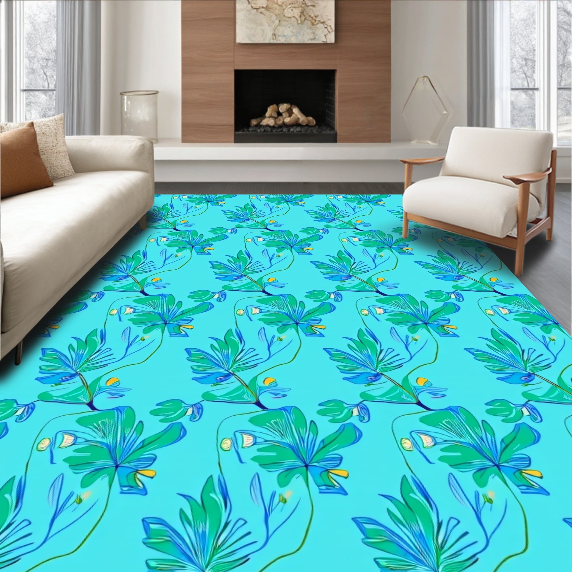 Aqua Floral Botanical Pattern Design Rug