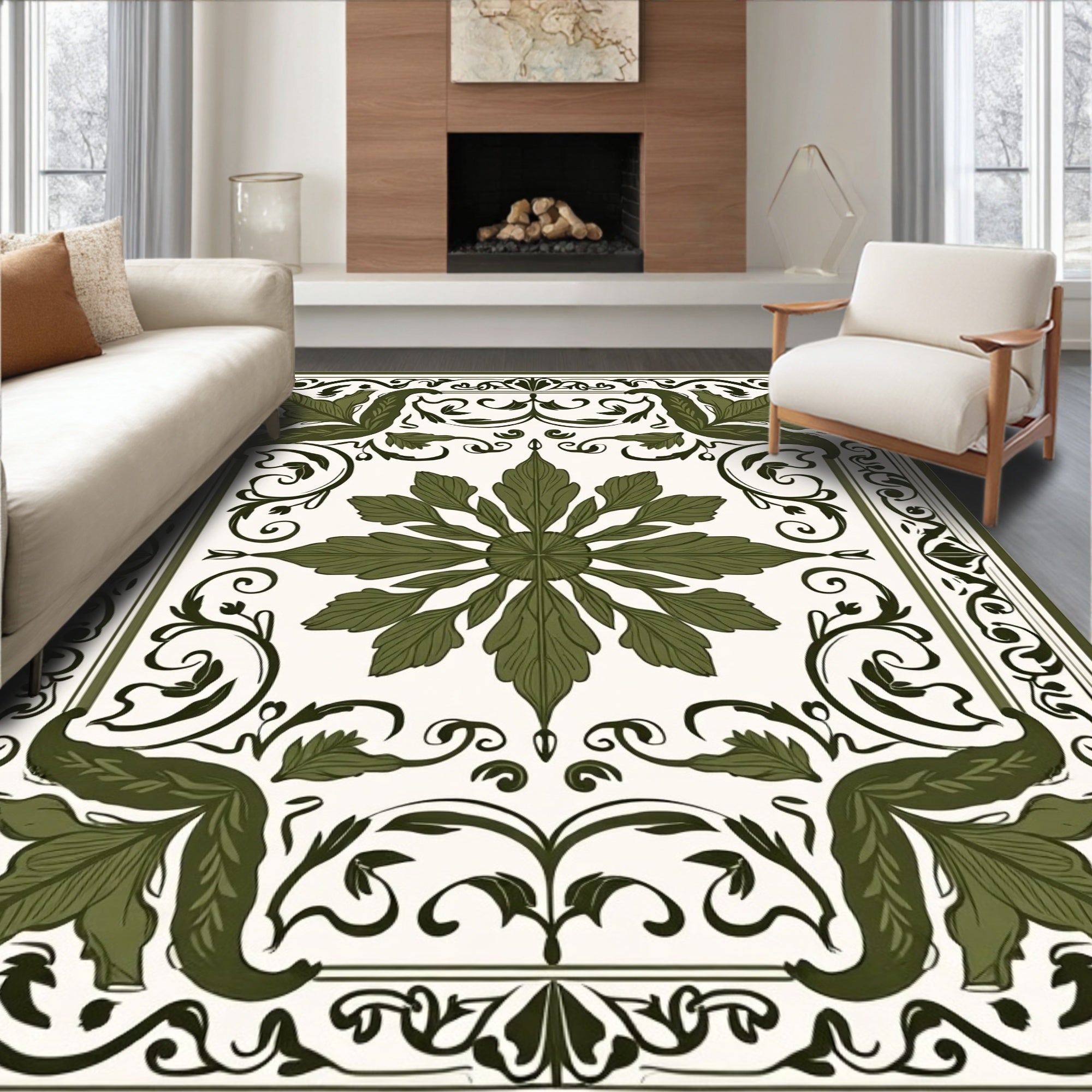 Green Leaf Medallion Floral Motif Rug