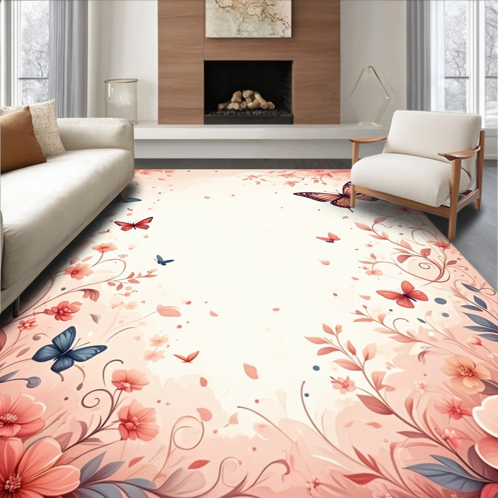 Whimsical Butterflies Floral Vines Rug