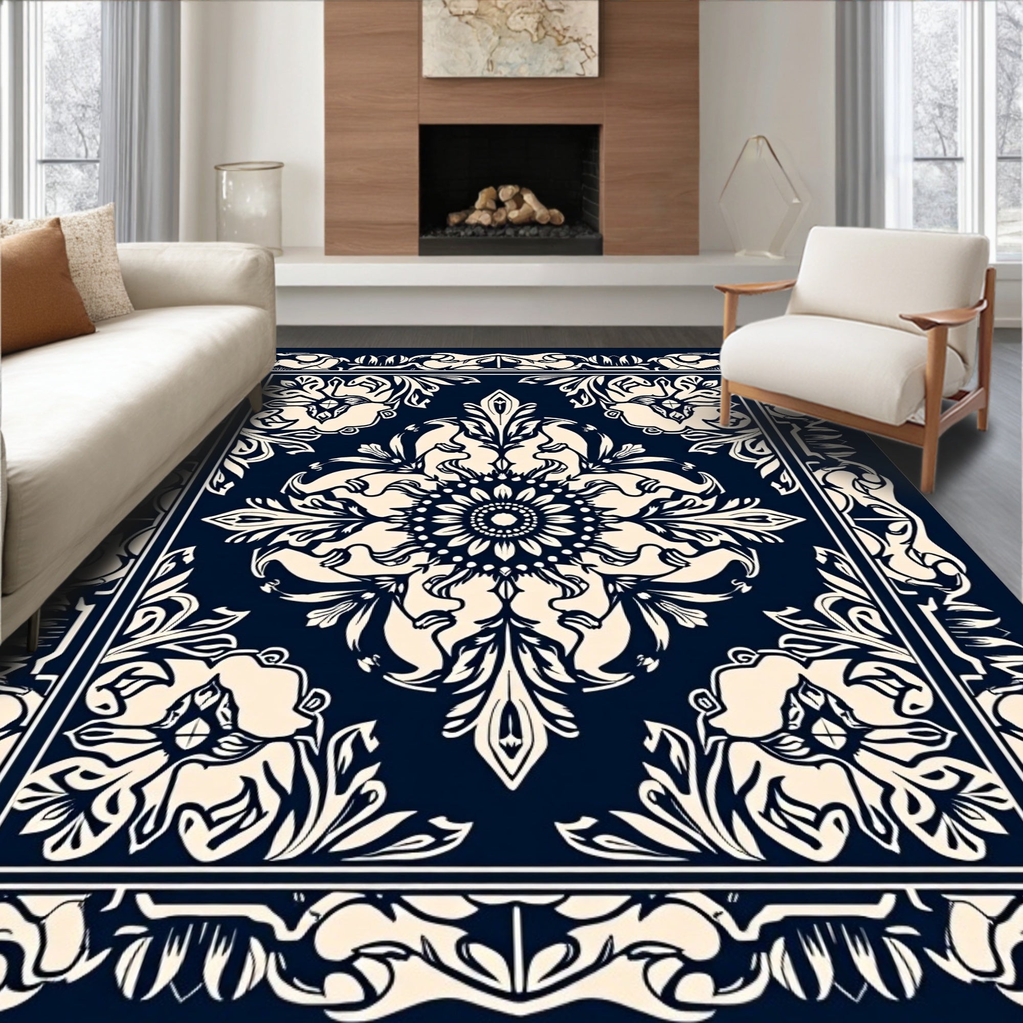Dark Ivory Floral Inlay Mandala Pattern Rug