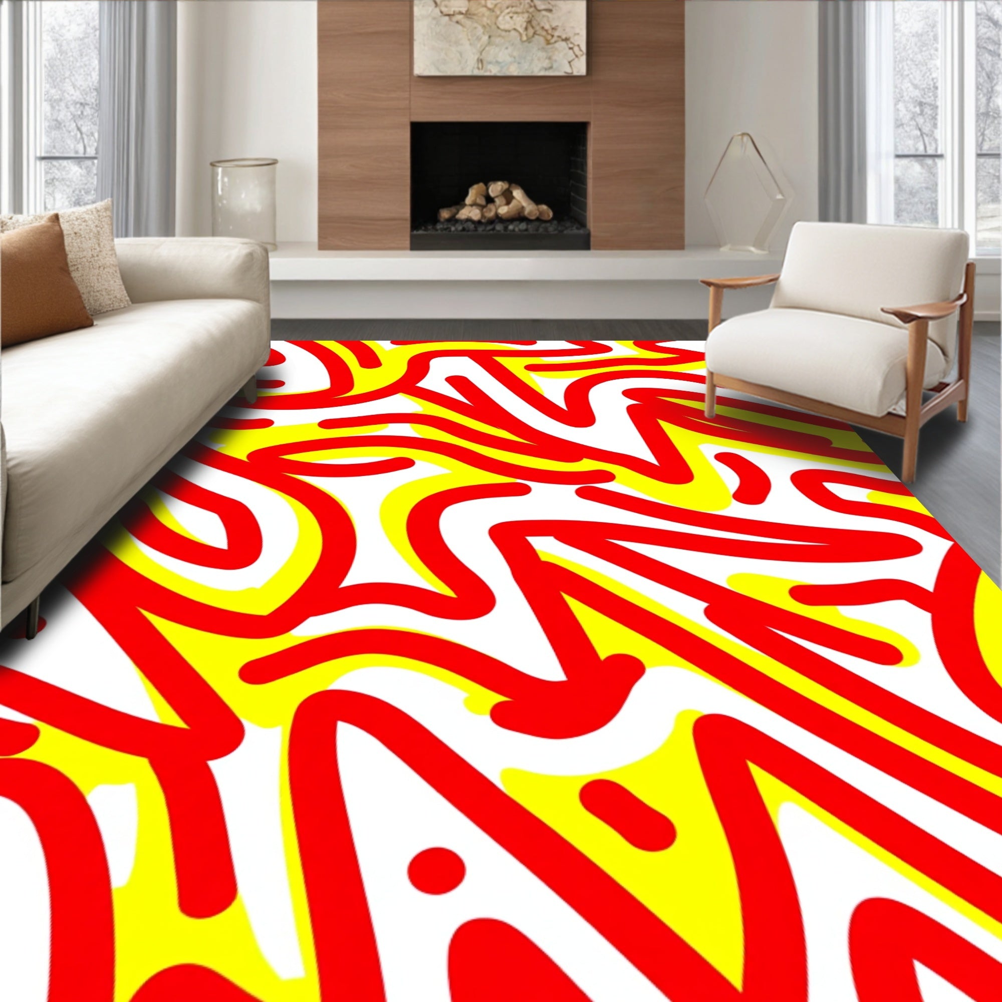 Red Yellow Wavy Abstract Rug