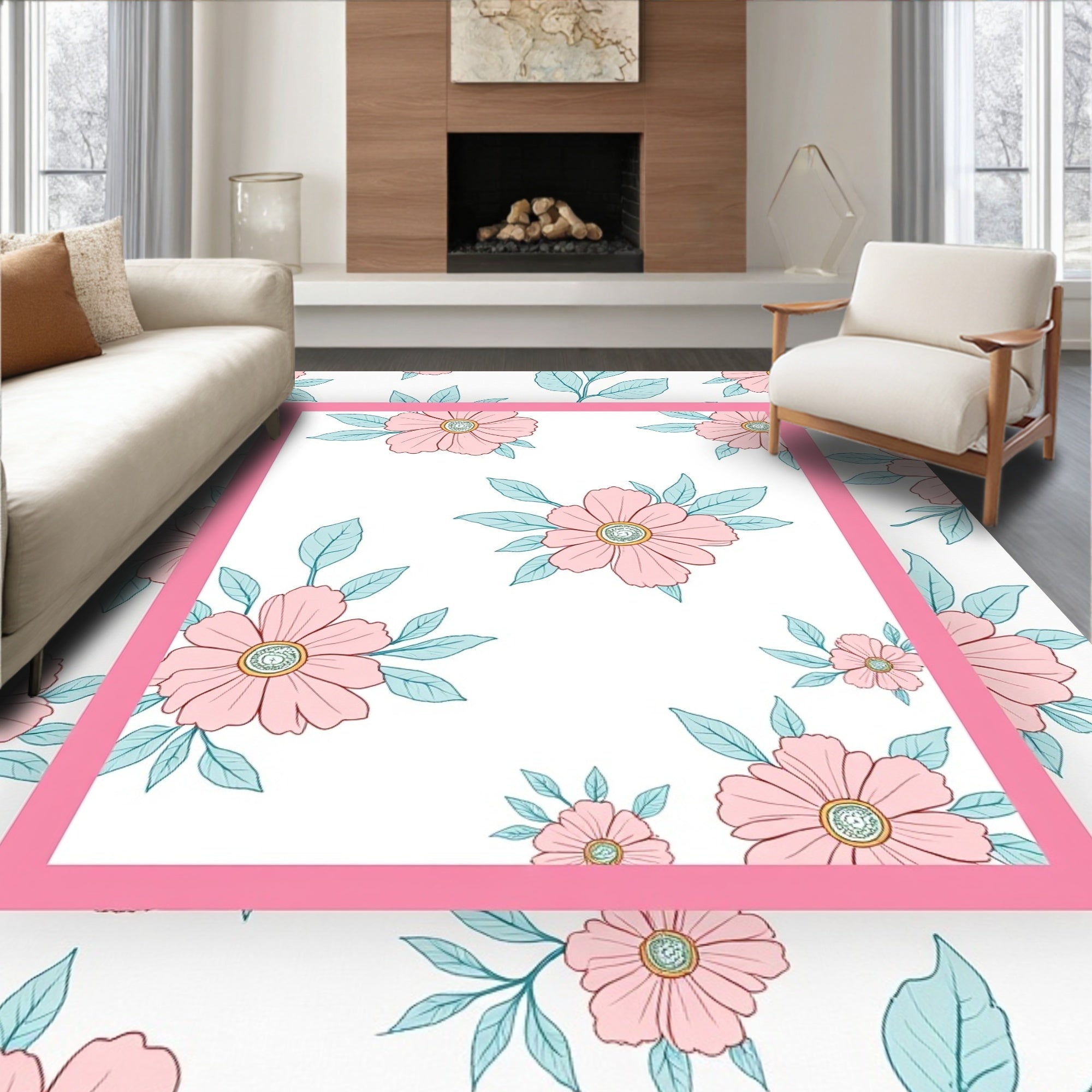Pink Floral Outline Pattern Rug