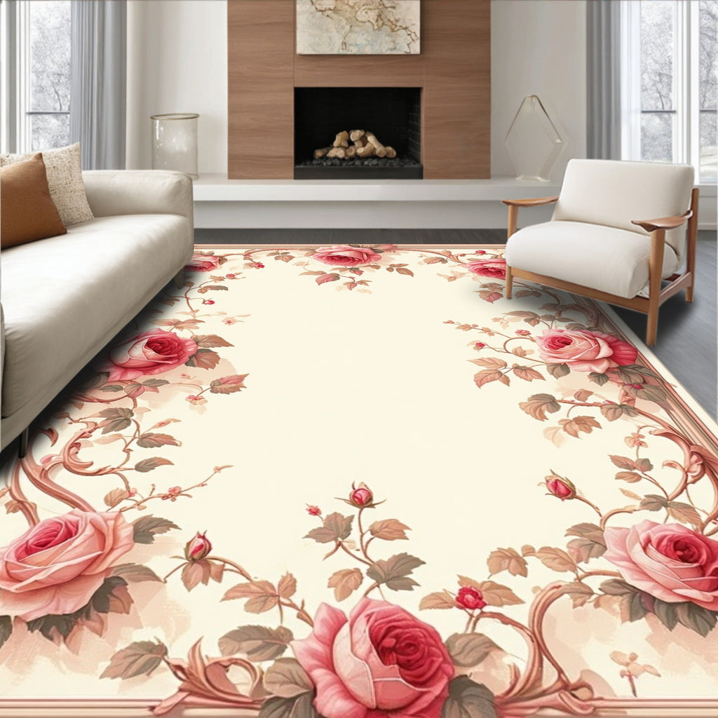 Romantic Rose Vine Scroll Pattern Rug