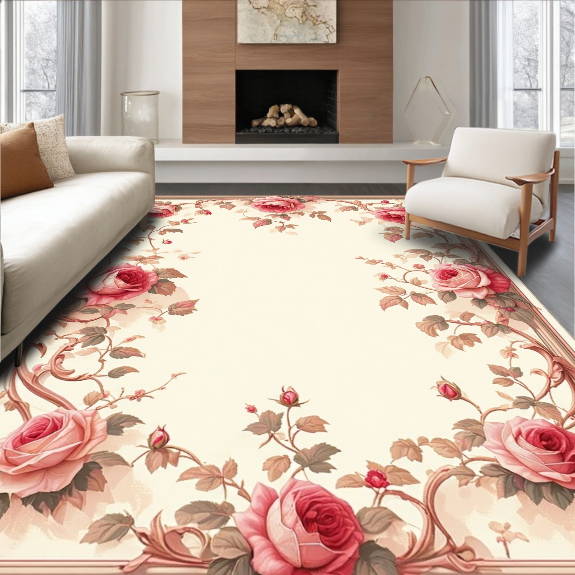 Romantic Rose Vine Scroll Pattern Rug
