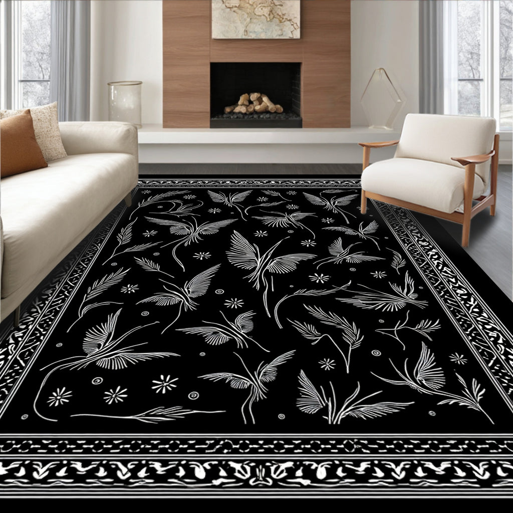 Ornate White Floral Butterfly Pattern Rug