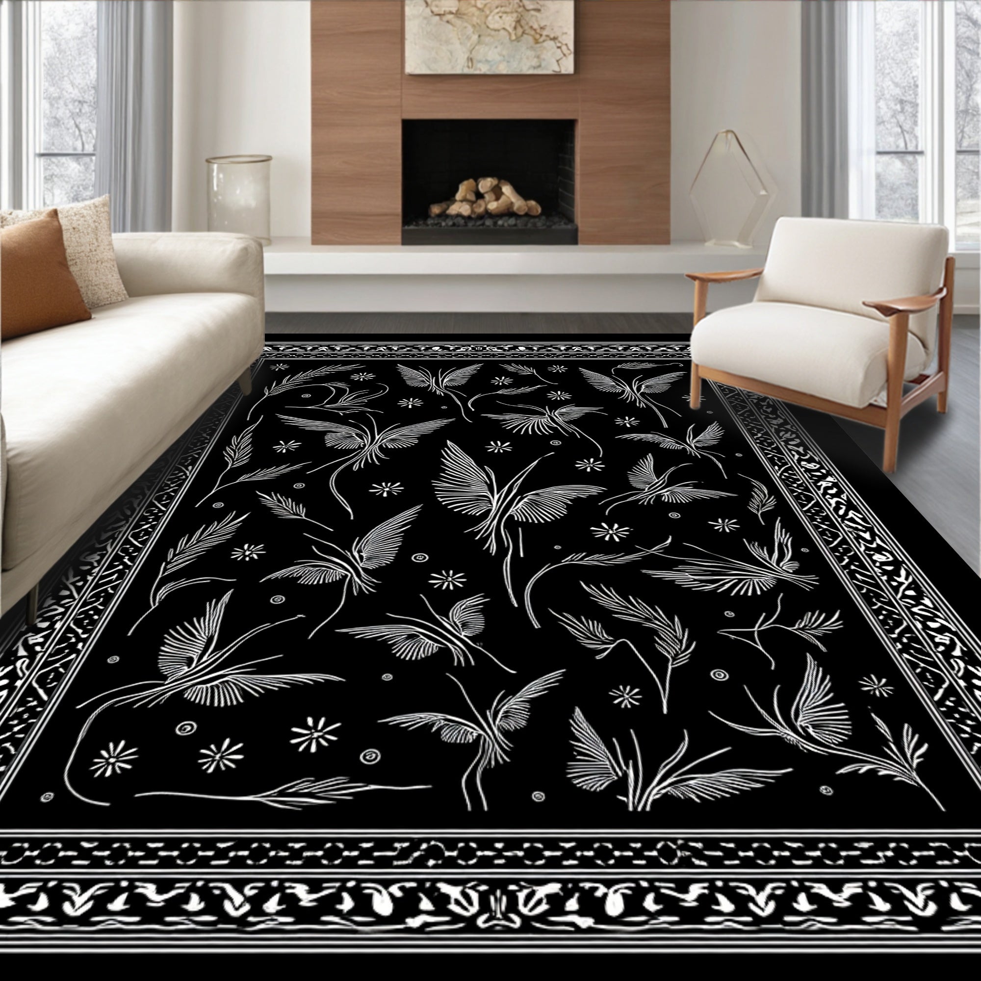Ornate White Floral Butterfly Pattern Rug