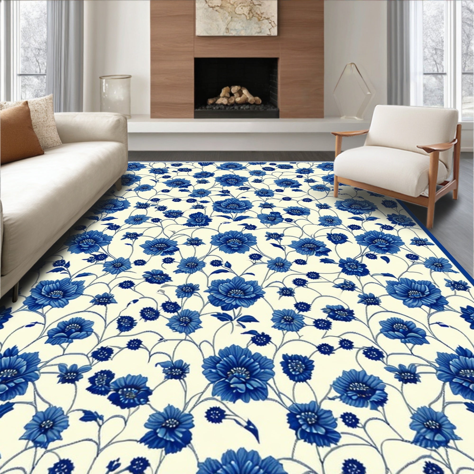 Blue Floral Vine Pattern Rug