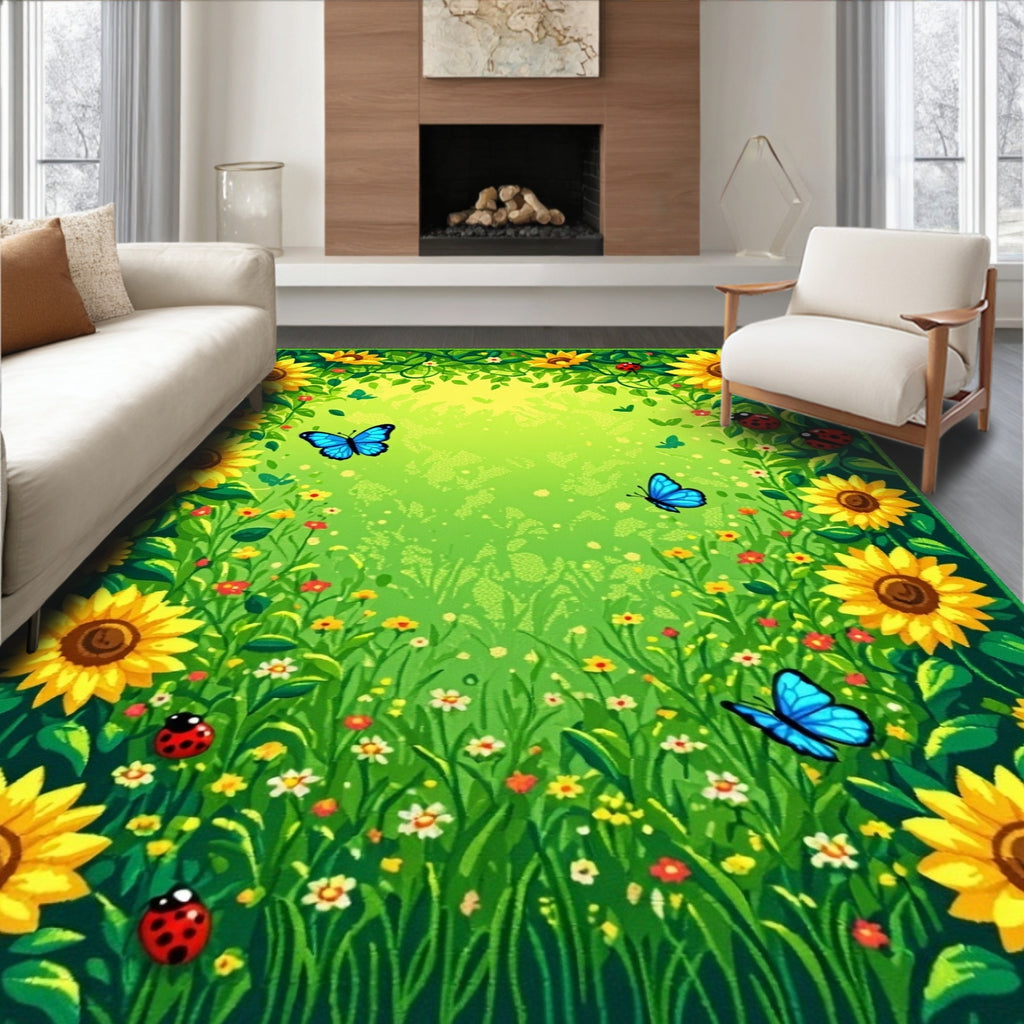 Bright Sunflower Ladybug Butterfly Garden Rug