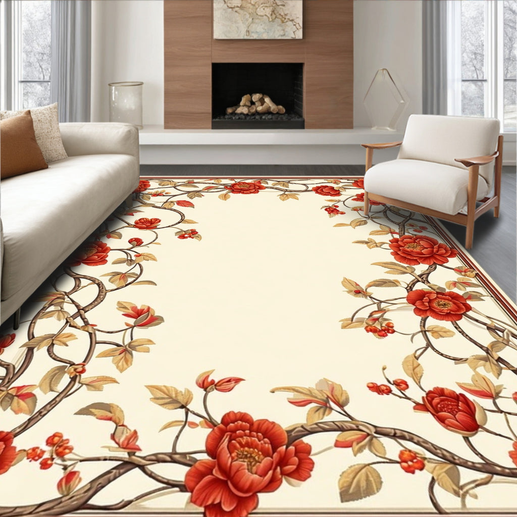Rich Red Peony Floral Vine Border Rug