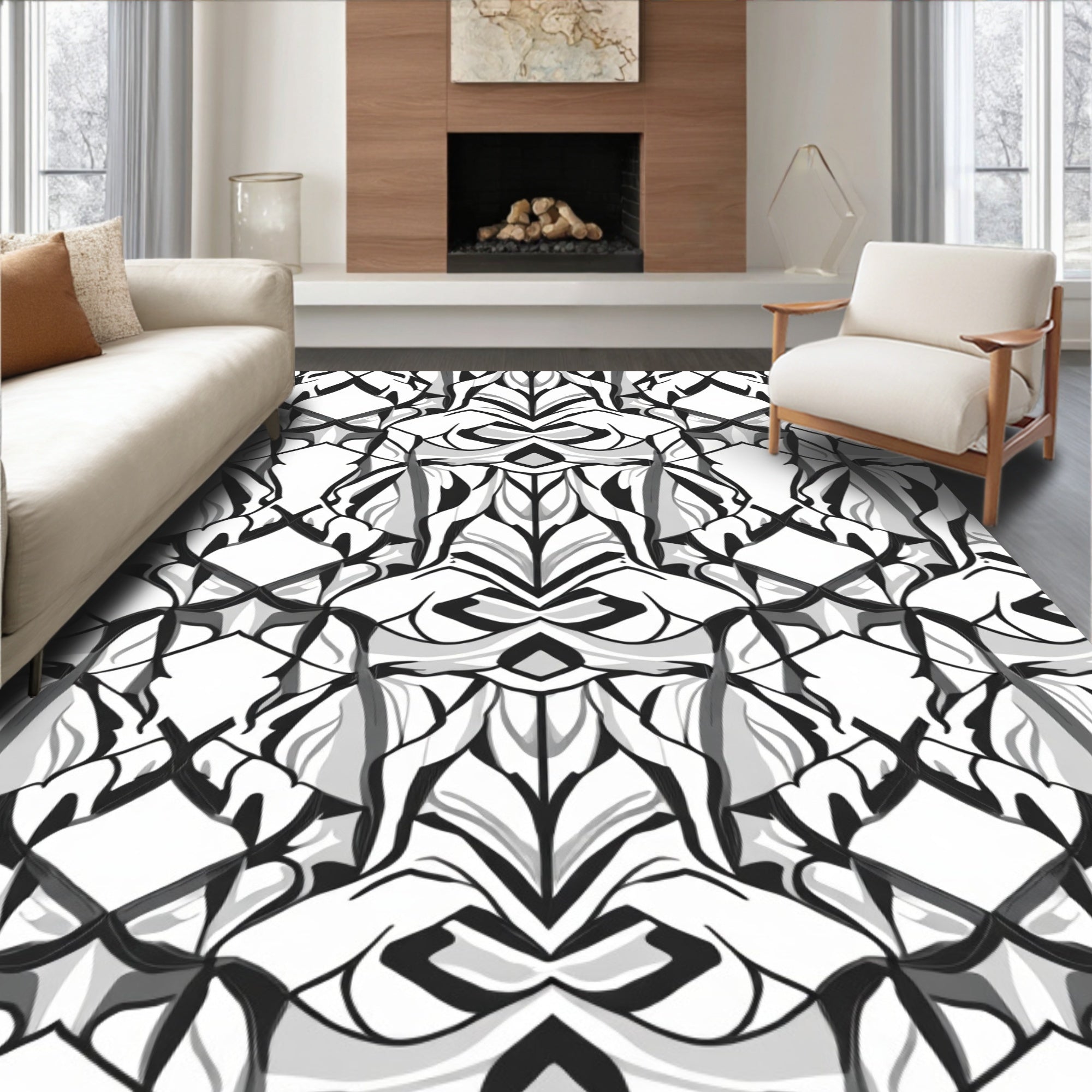 Symmetrical Black White Abstract Pattern Rug