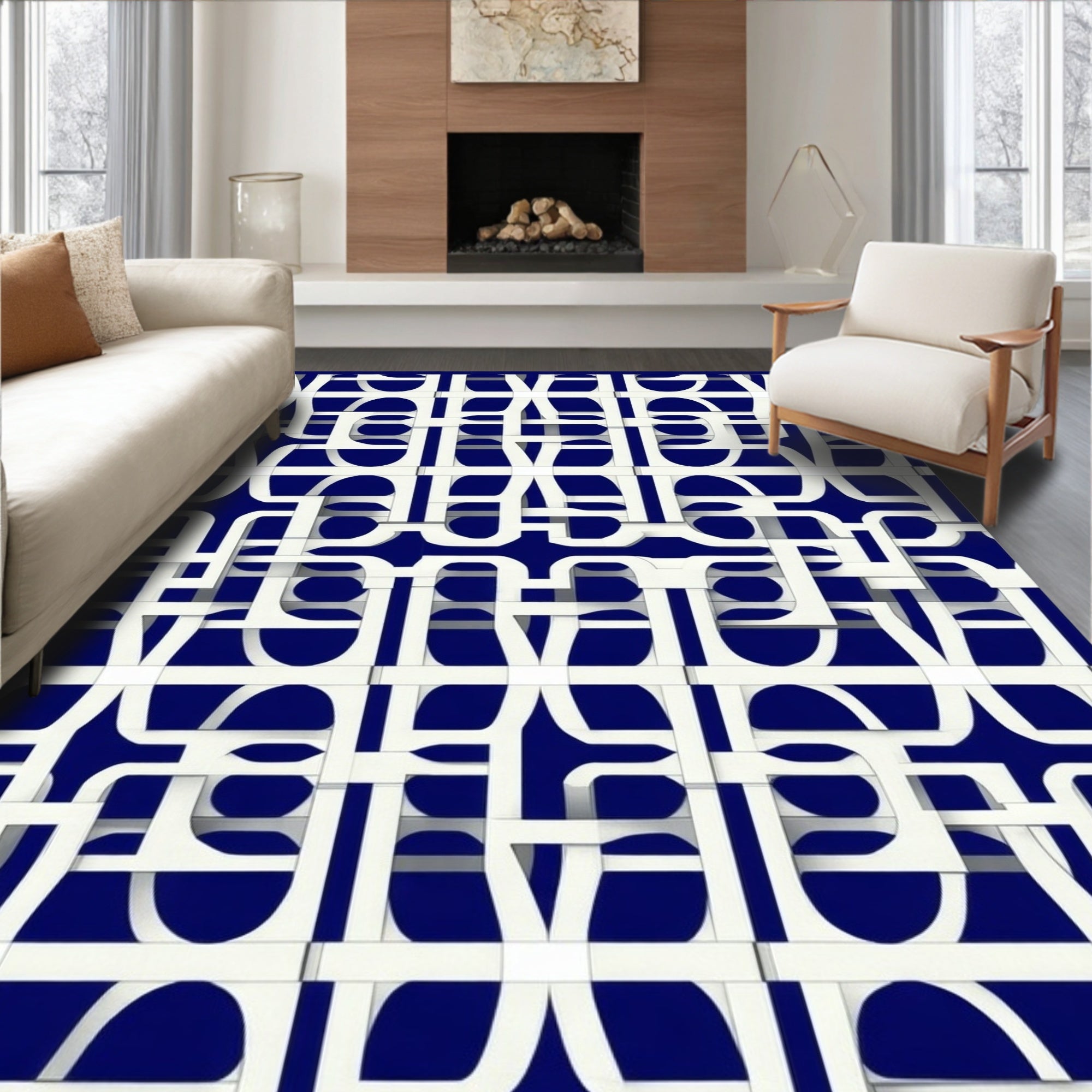 Navy White Interlocking Abstract Design Rug