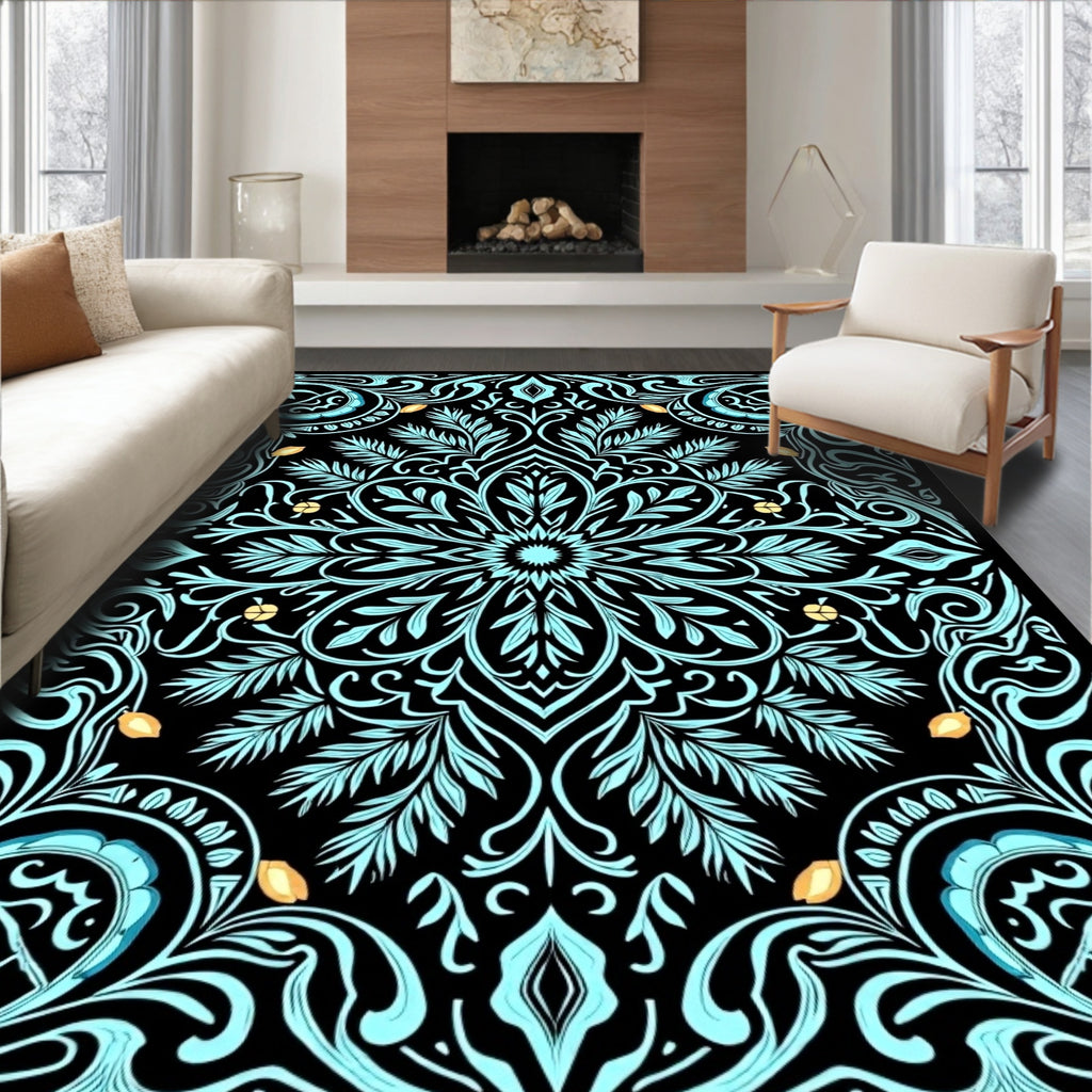 Aqua Floral Medallion Black Border Rug