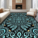 Aqua Floral Medallion Black Border Rug