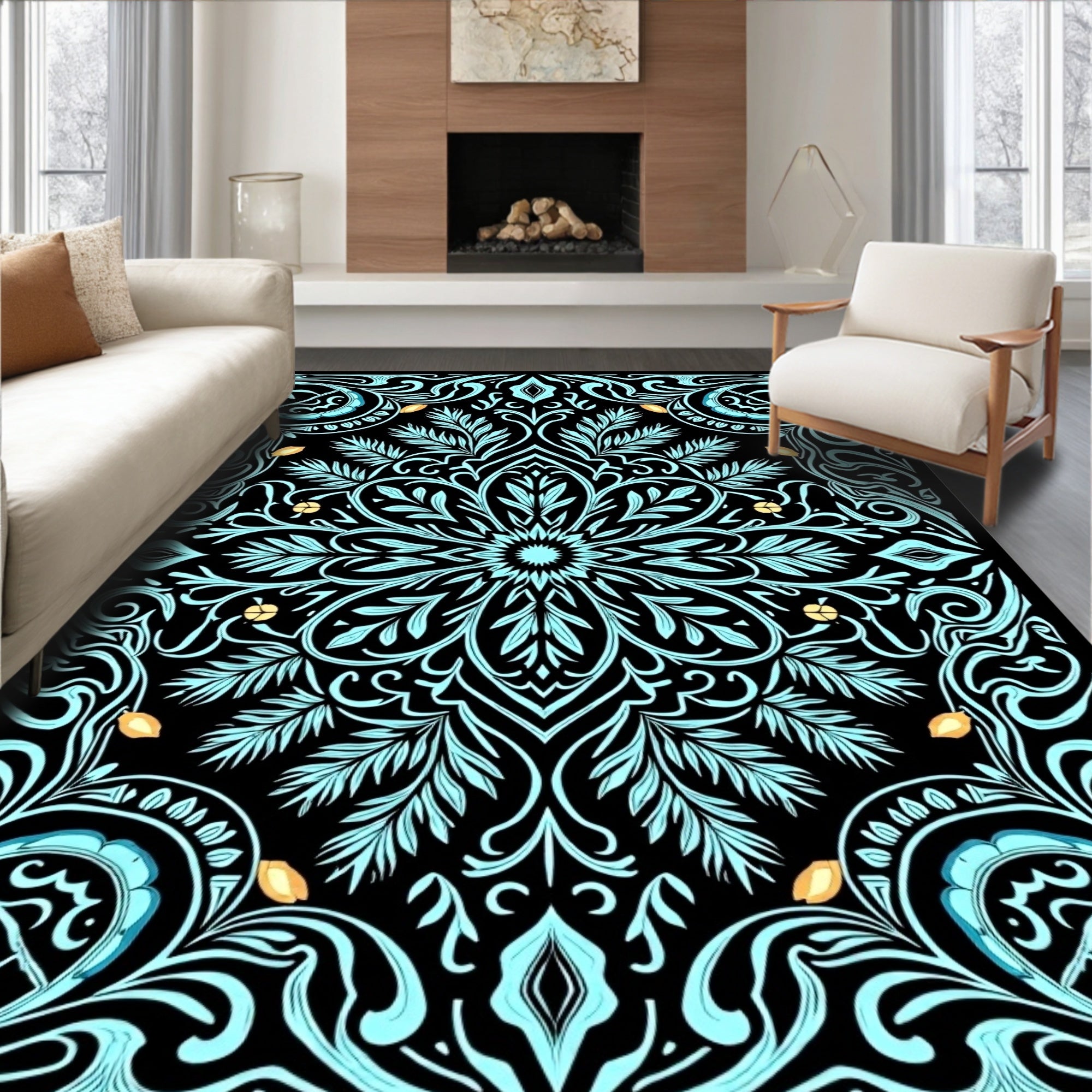 Aqua Floral Medallion Black Border Rug