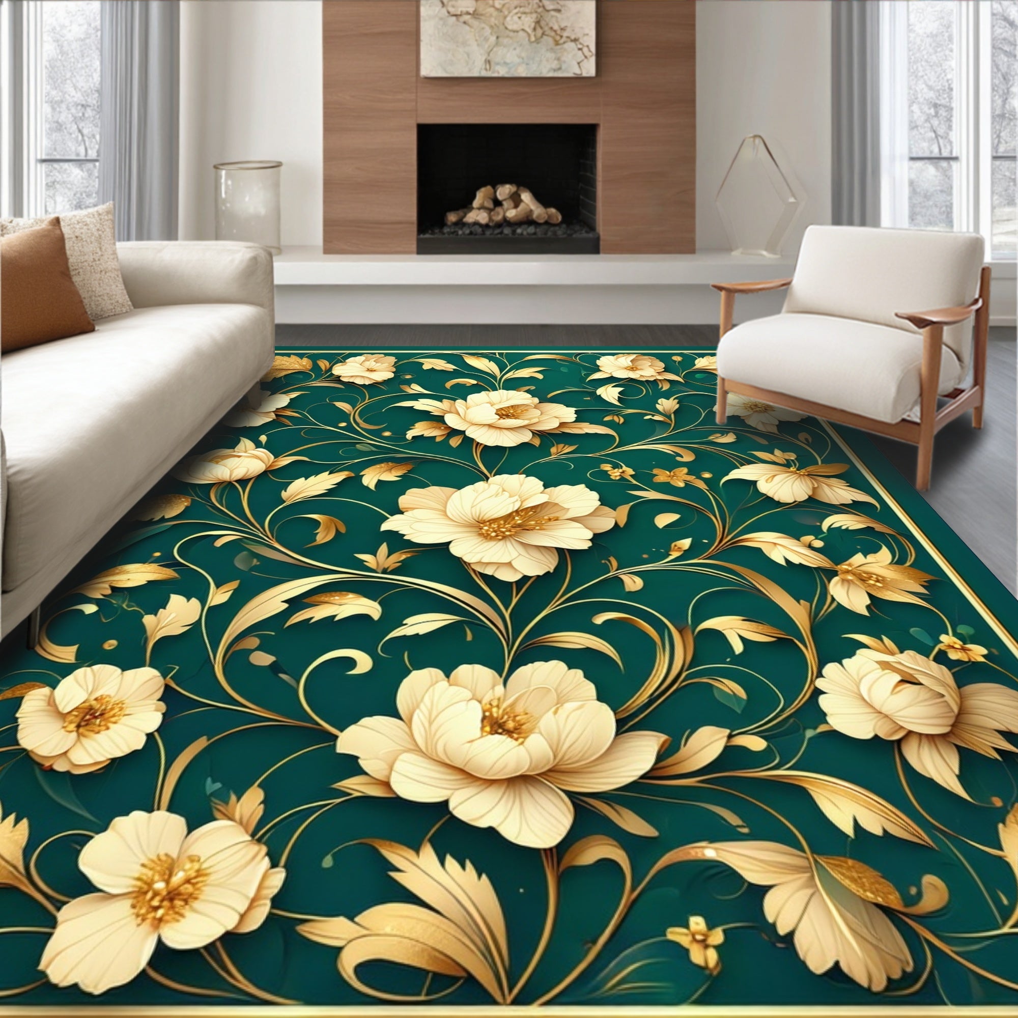 Elegant Gold Floral Pattern Rug