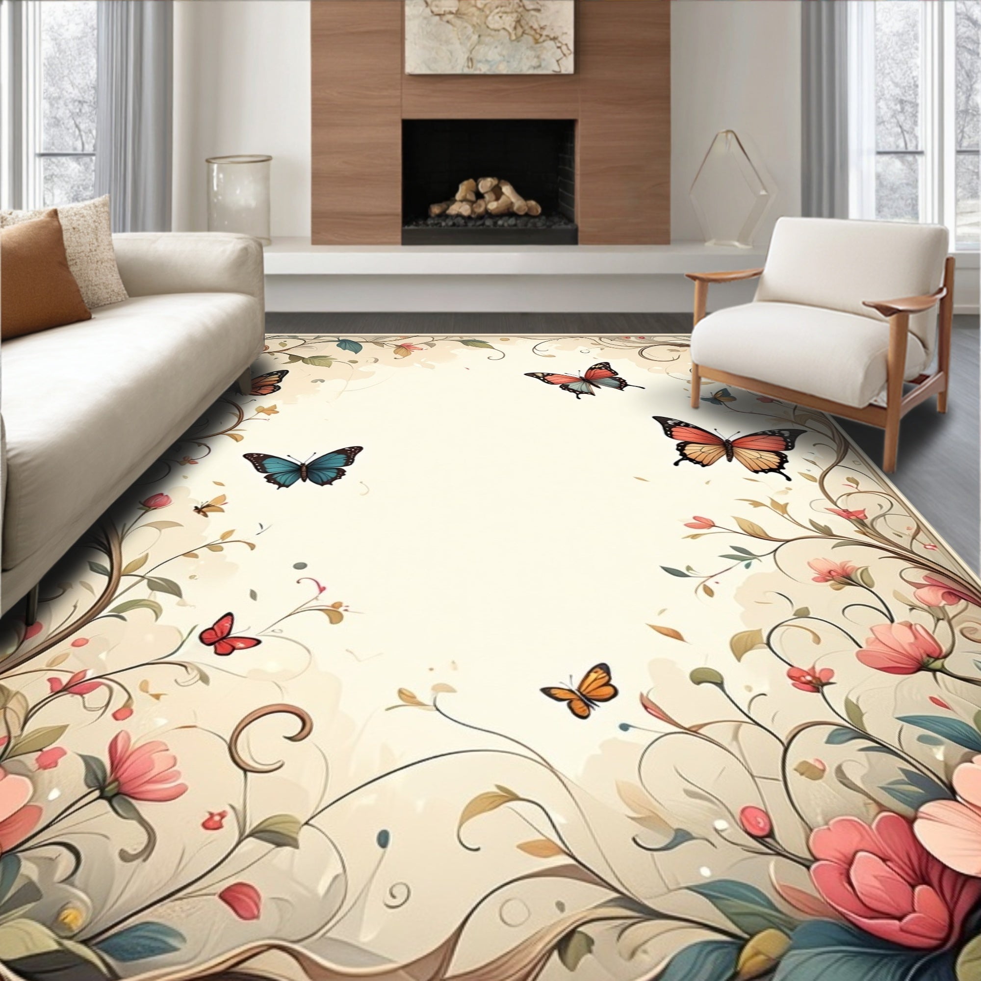 Whimsical Butterfly Floral Garden Rug
