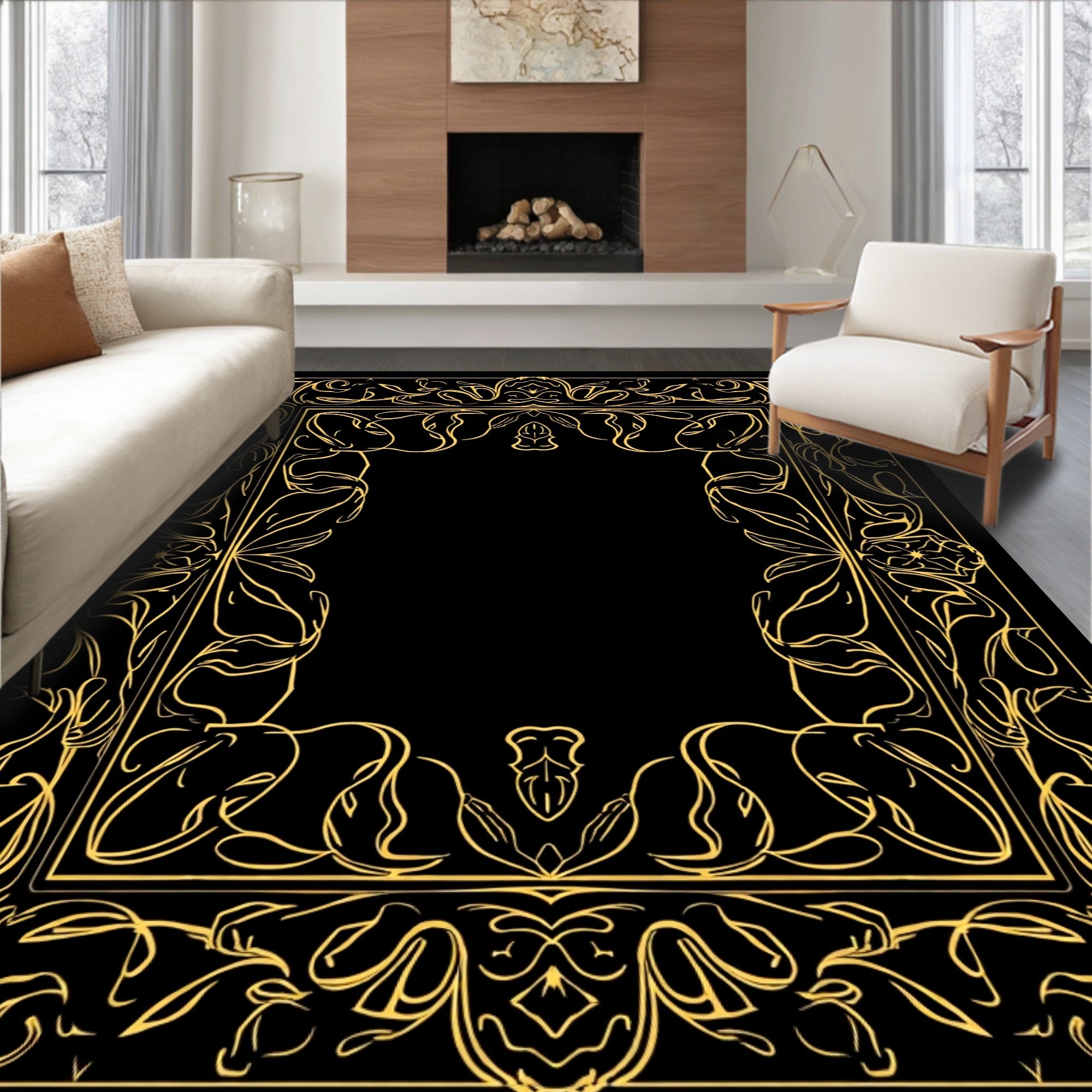 Ornate Gold Flourish Border Design Rug