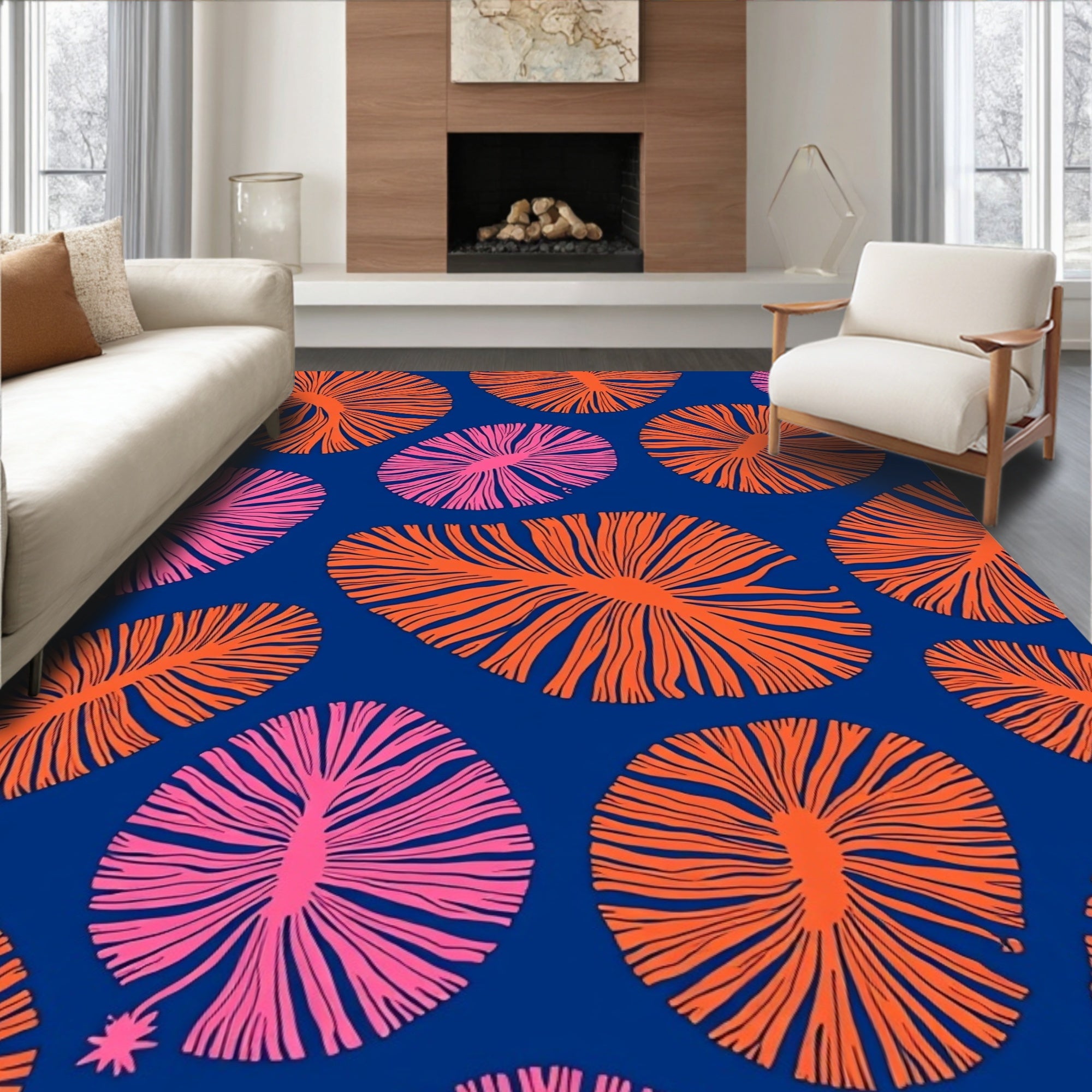 Bright Orange Pink Floral Rays Rug