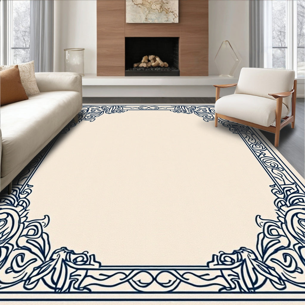 Ornate Blue Vine Scroll Border Design Rug