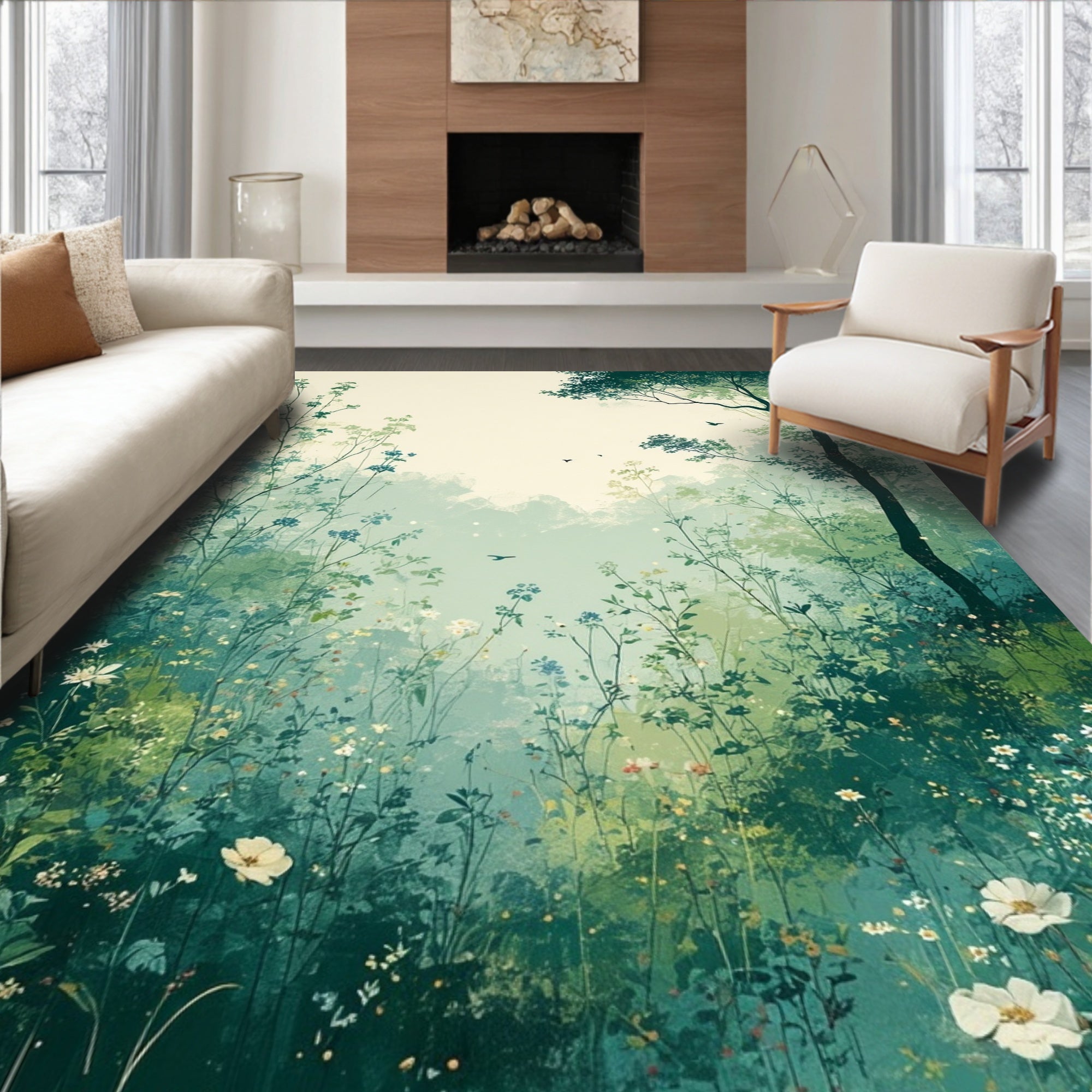 Misty Meadow Floral Bird Scene Rug