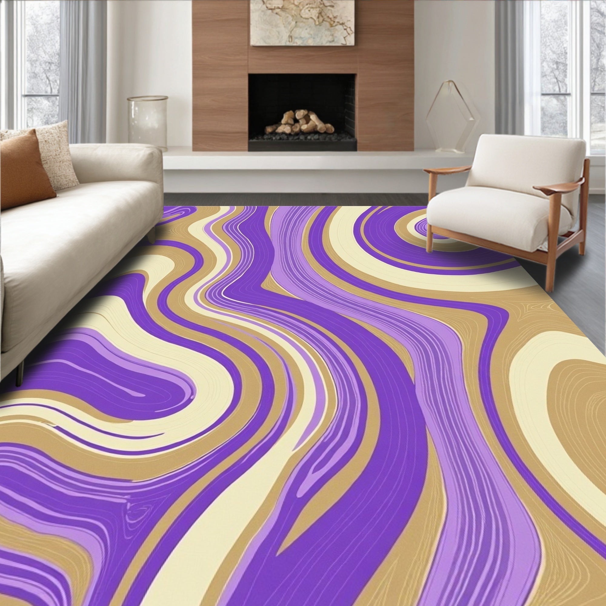 Swirling Purple Gold Cream Abstract Design Rug