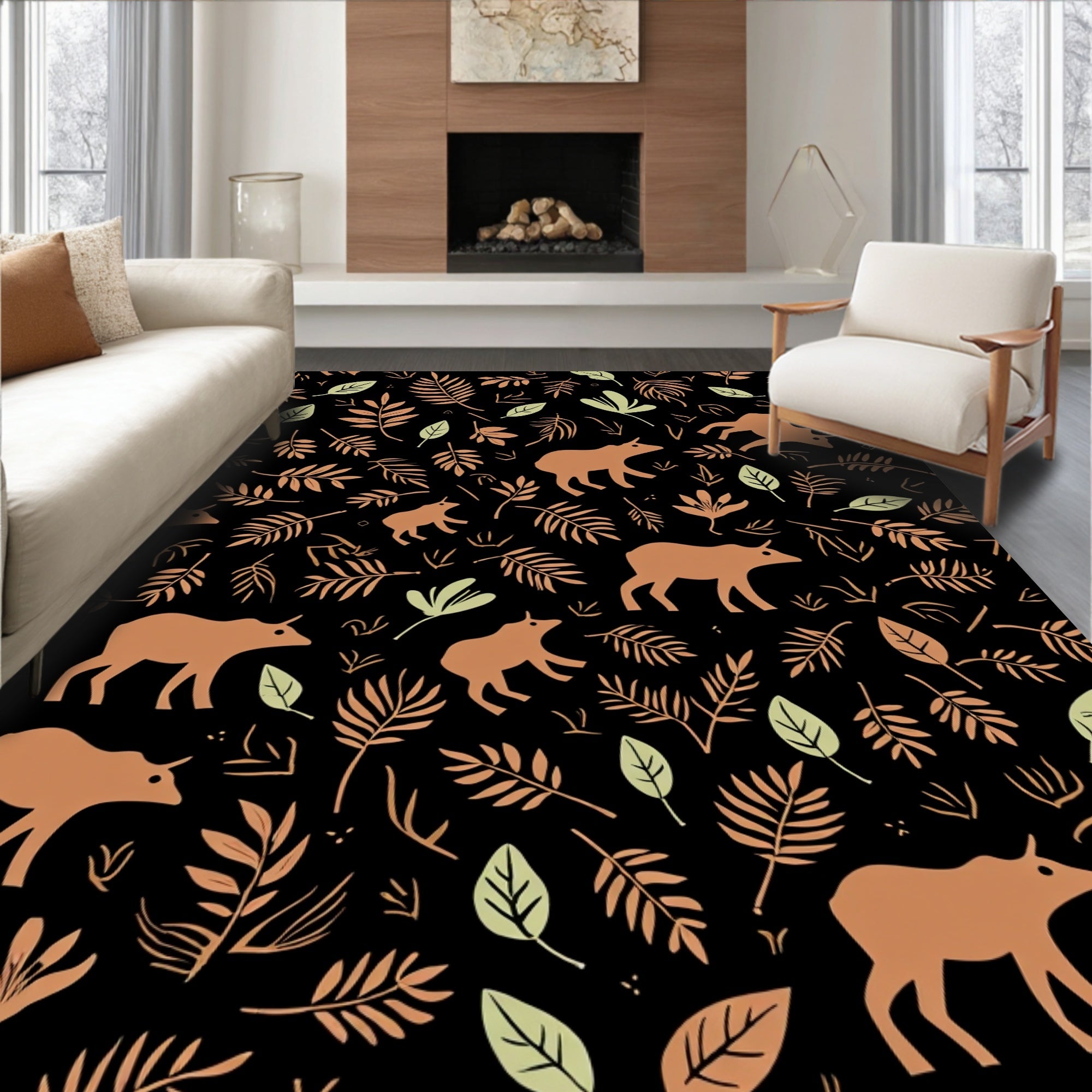 Brown Bison Foliage Pattern Rug