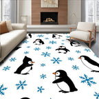 Playful Penguin Snowflakes Winter Scene Rug