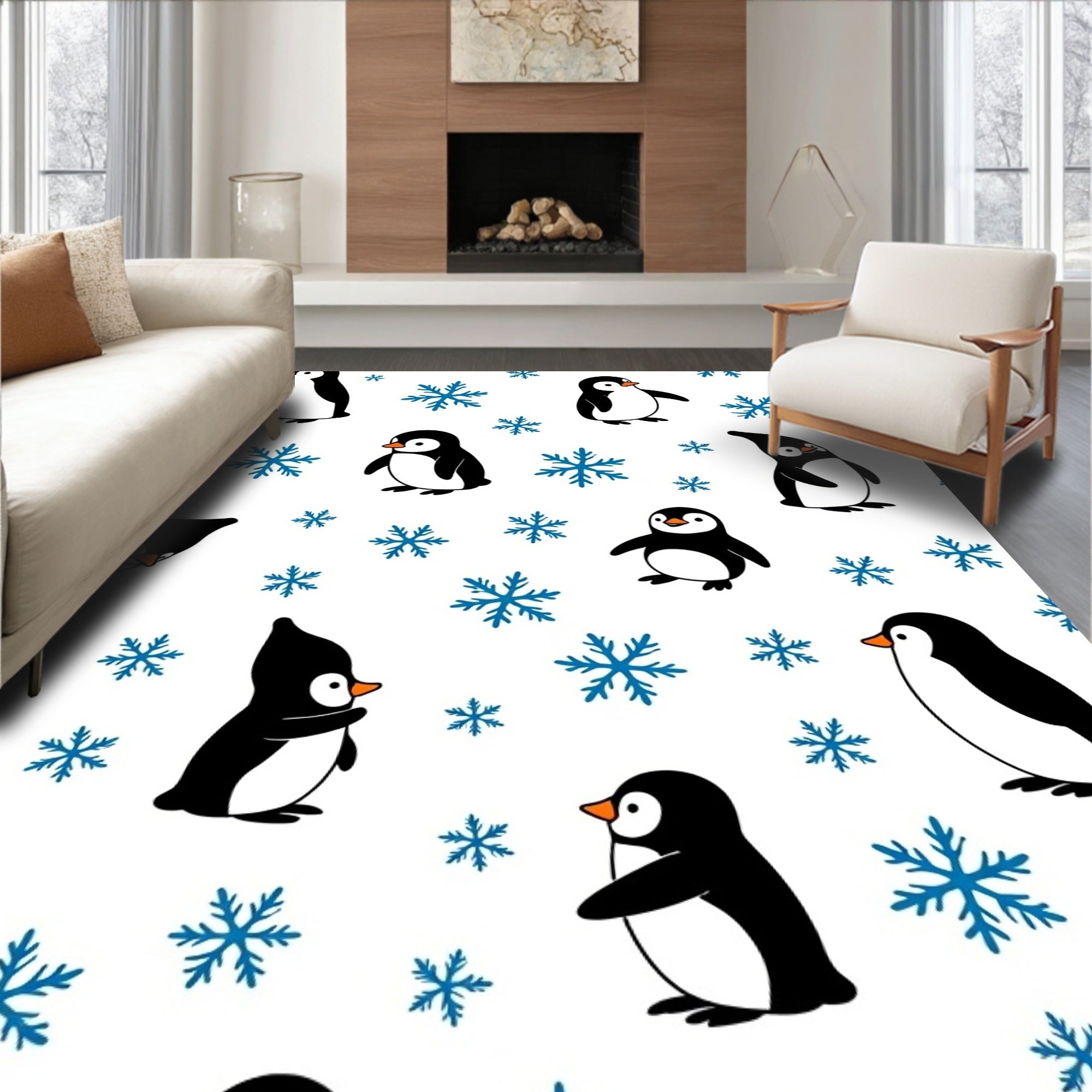Playful Penguin Snowflakes Winter Scene Rug