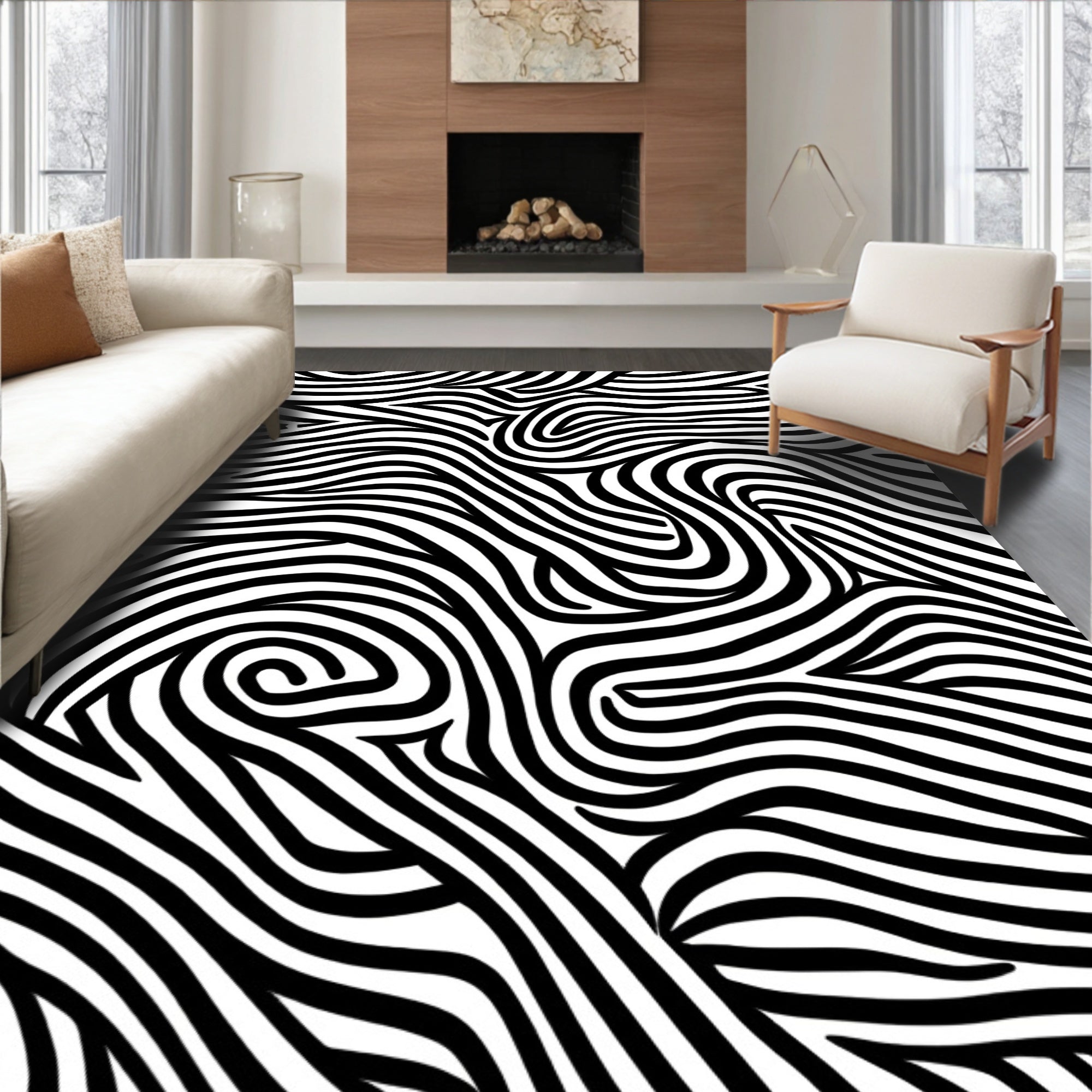 Monochrome Wavy Pattern Rug