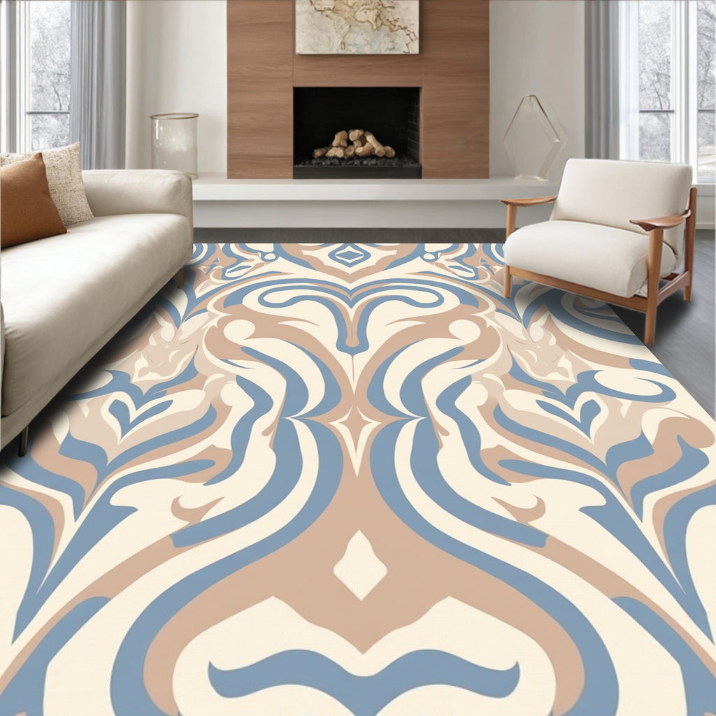 Cream Tan Blue Swirl Pattern Rug