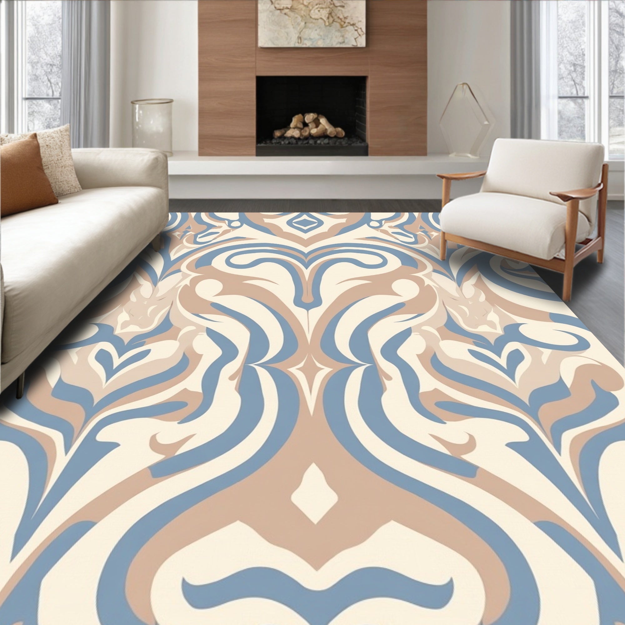 Cream Tan Blue Swirl Pattern Rug