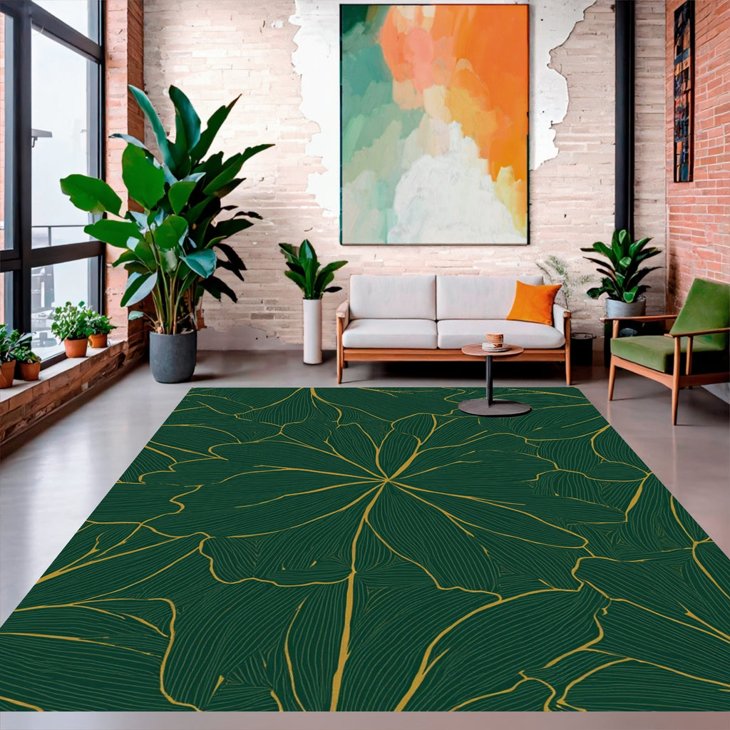 Emerald Botanical Leaf Line Art Rug