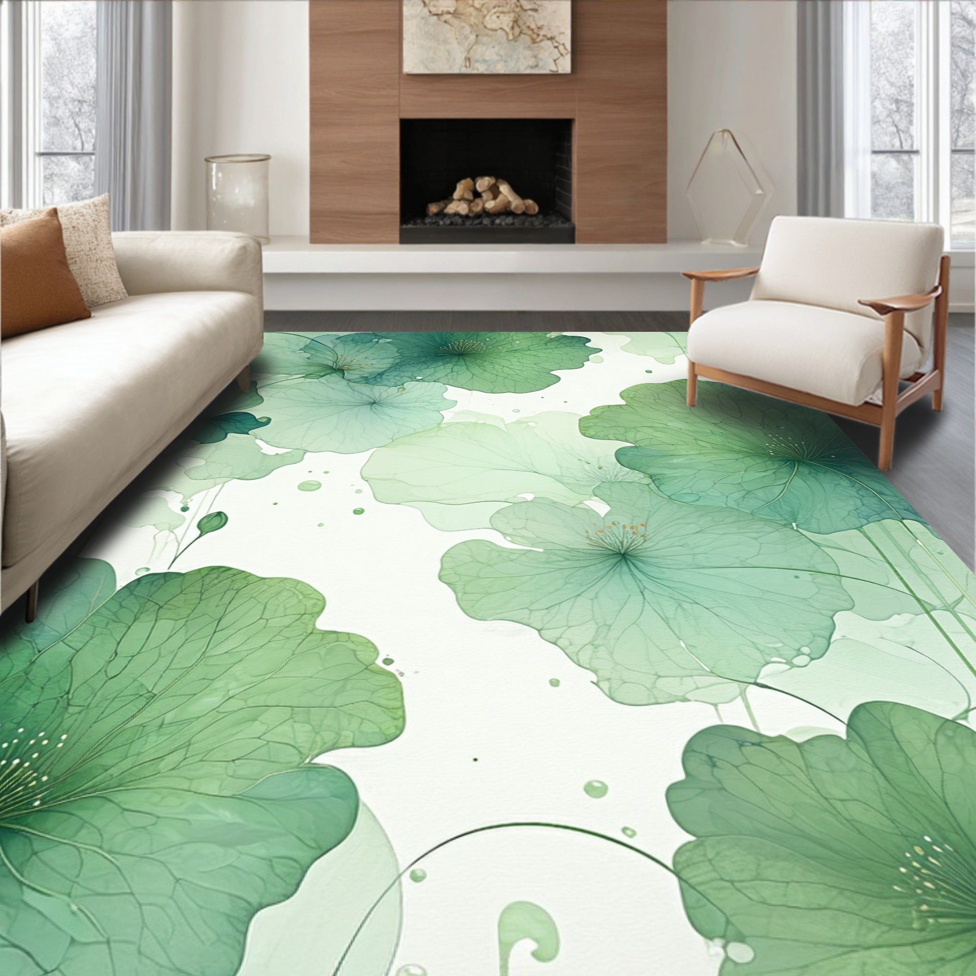 Emerald Green Floral Watercolor Design Rug