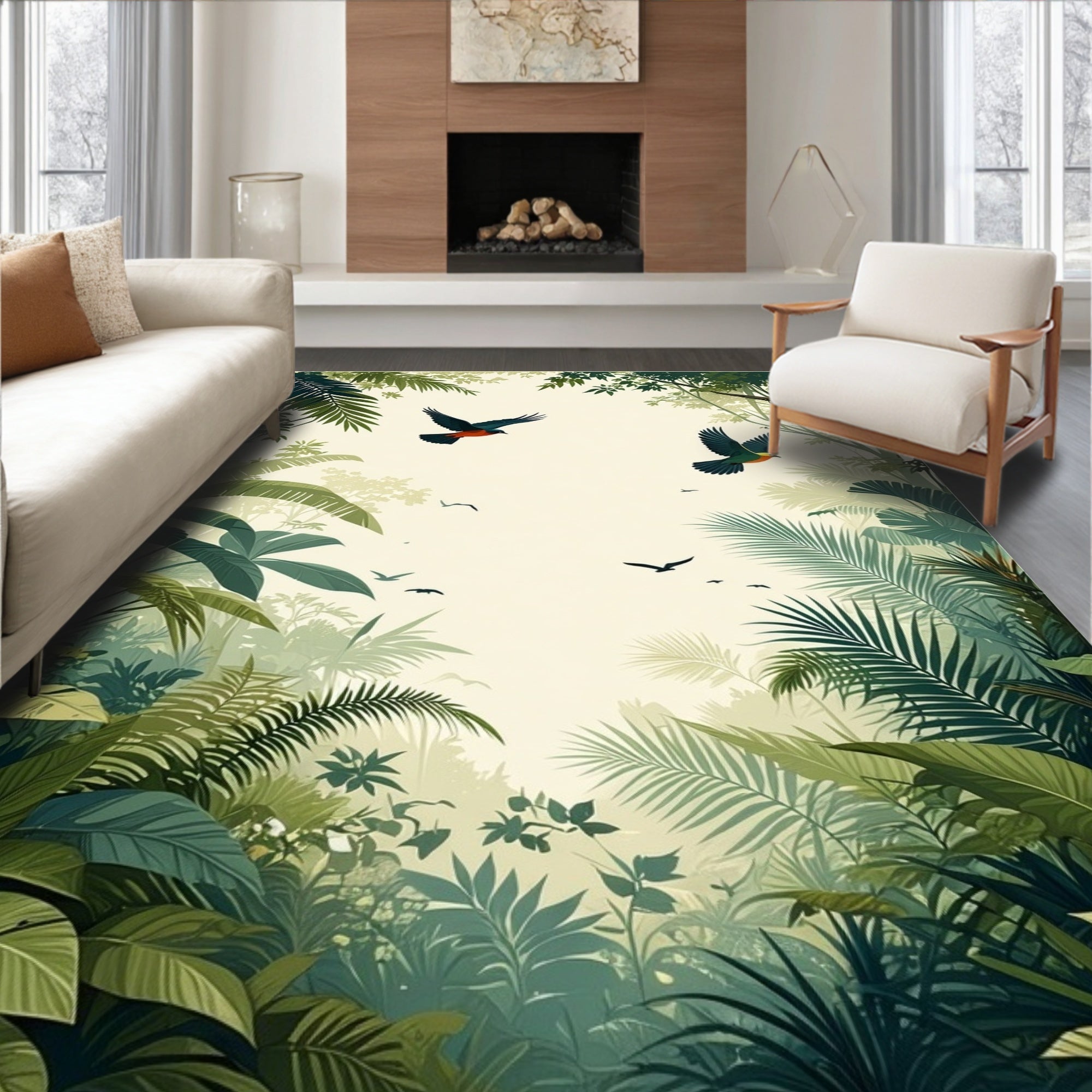 Tropical Jungle Birds Lush Foliage Design Rug