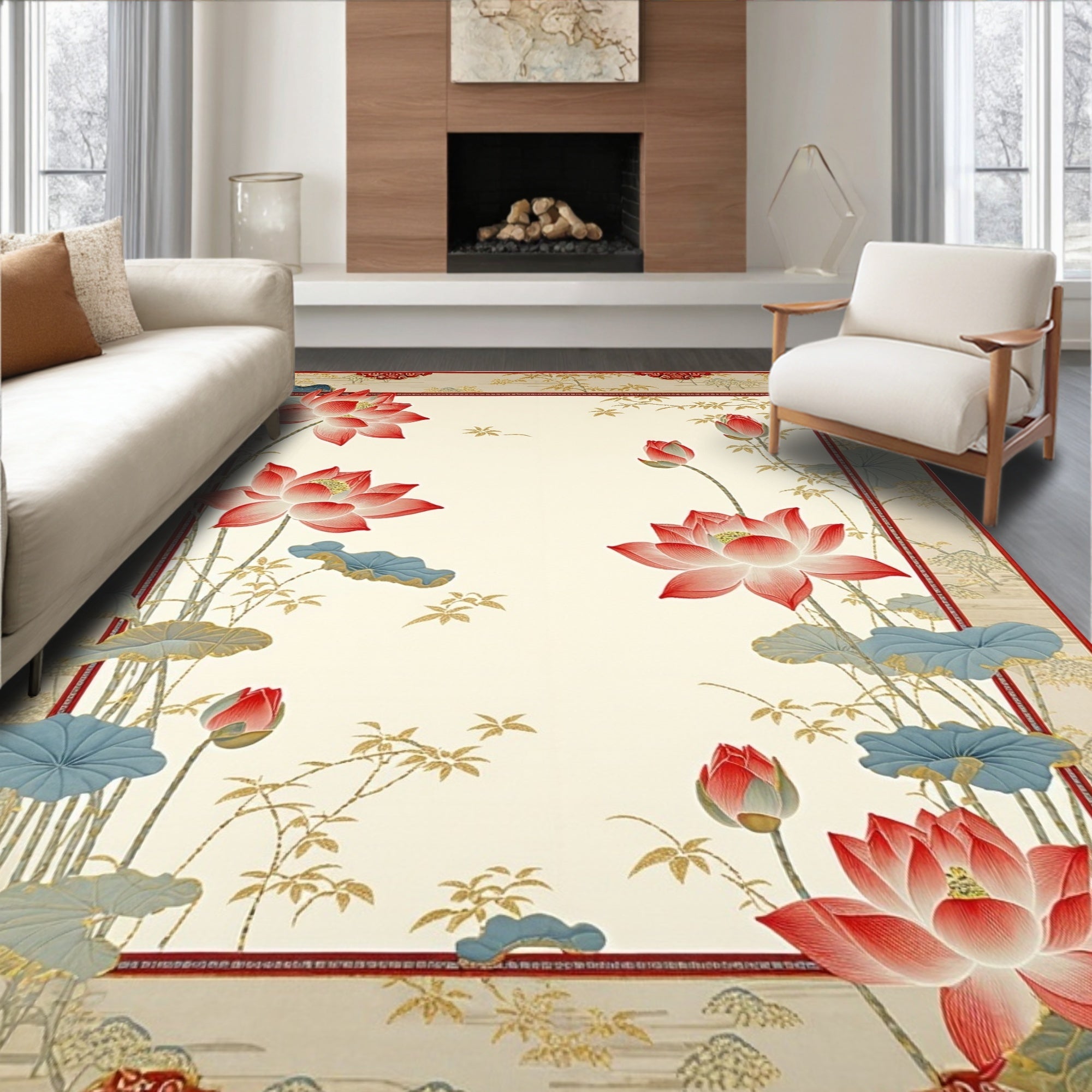 Elegant Red Lotus Floral Garden Rug