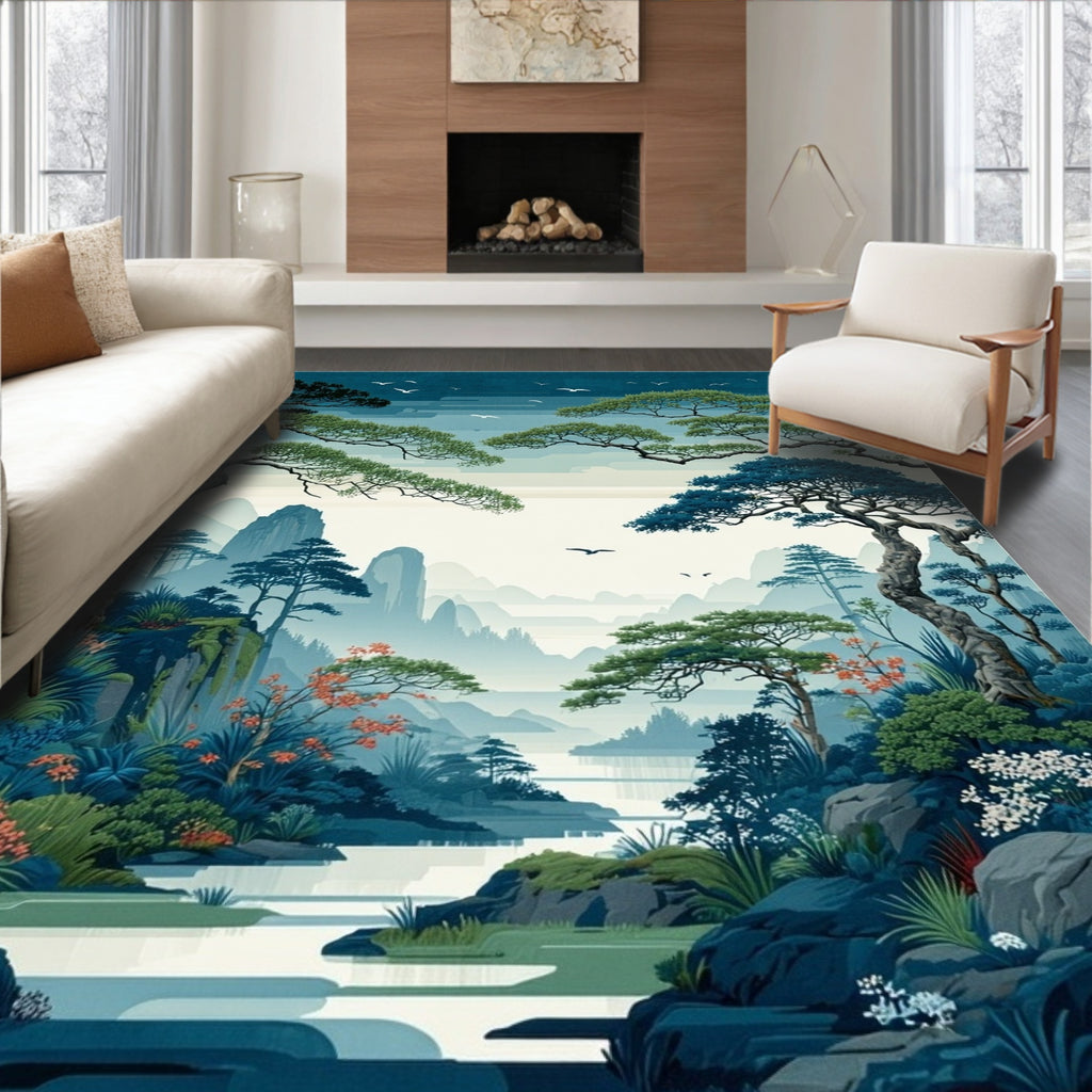 Serene Landscape with Birds Trees Design Rug