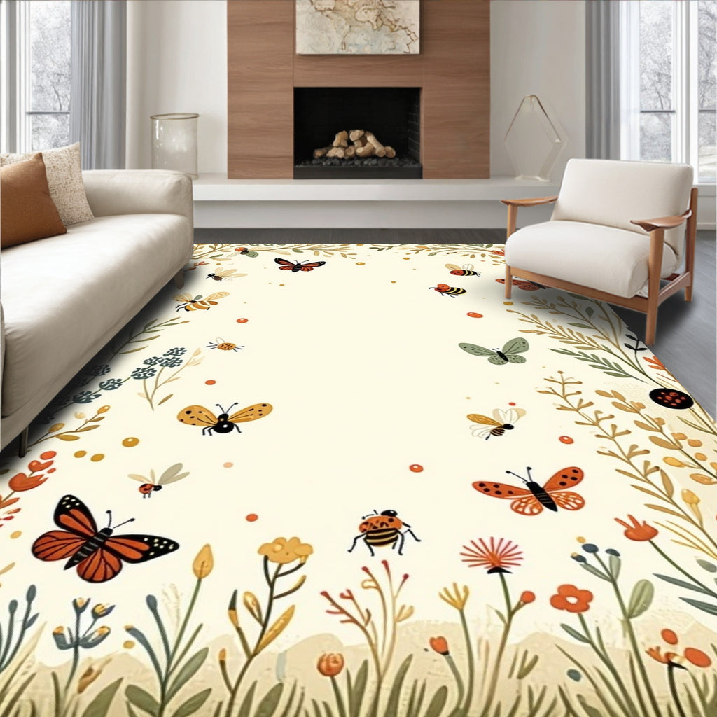 Whimsical Garden Insects Floral Pattern Rug