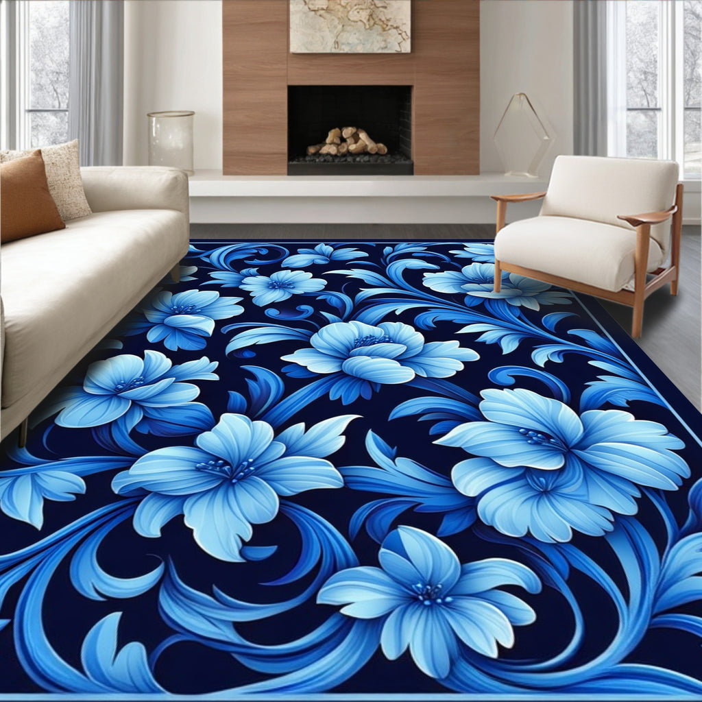 Rich Blue Floral Art Nouveau Pattern Rug