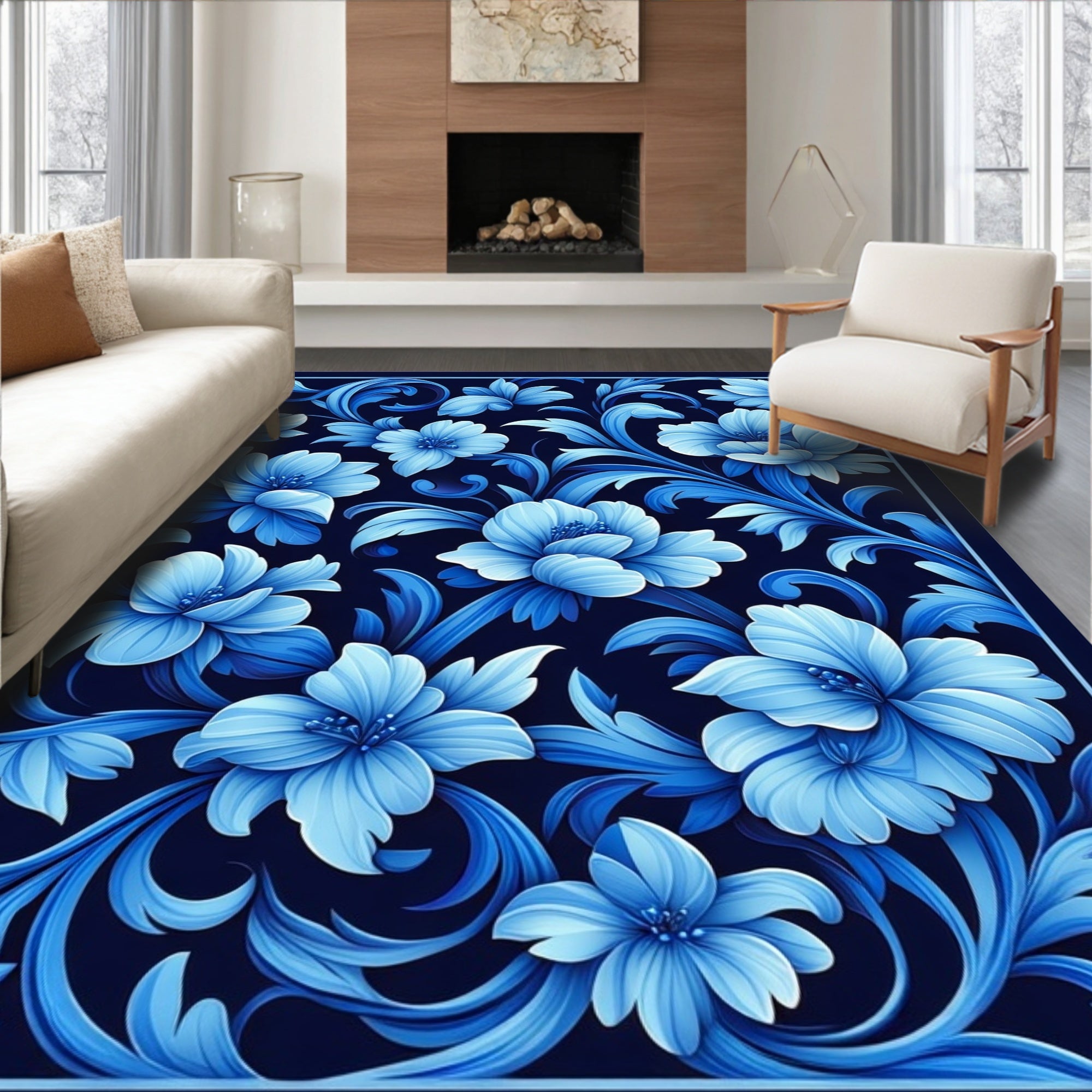 Rich Blue Floral Art Nouveau Pattern Rug