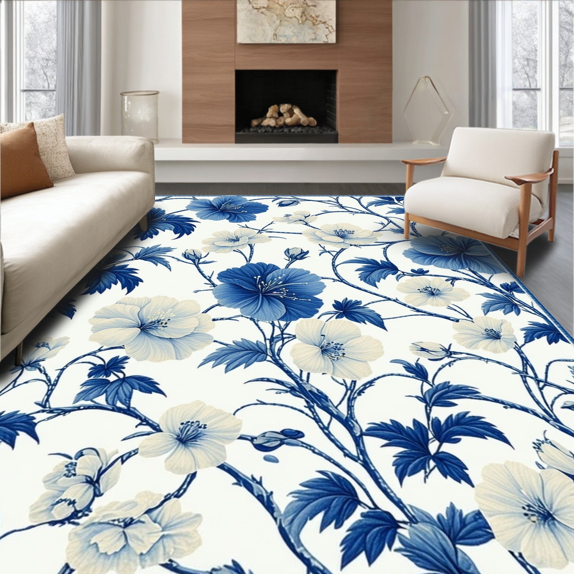 Blue Floral Vines Pattern Rug