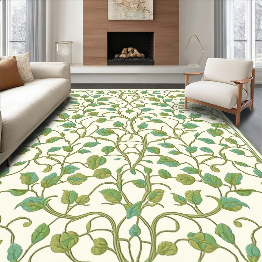 Lush Green Leafy Vine Pattern Rug