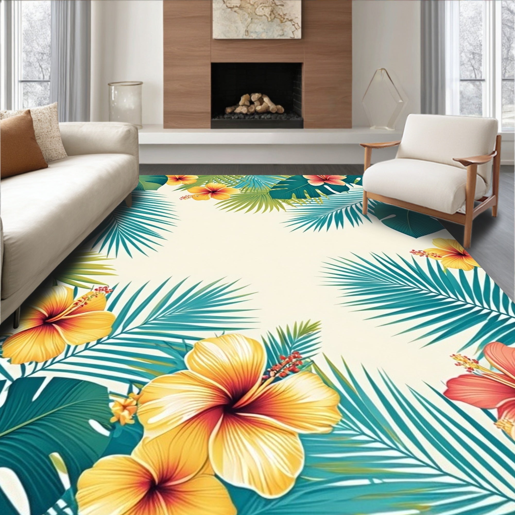 Tropical Floral Palm Leaf Pattern Rug