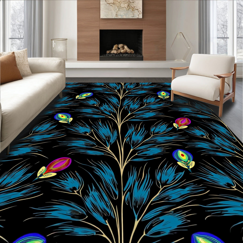 Elegant Blue Feather And Floral Pattern Rug
