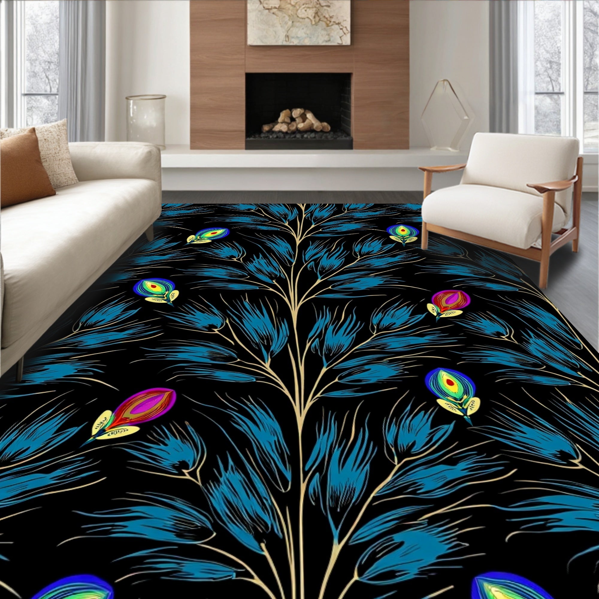 Elegant Blue Feather And Floral Pattern Rug