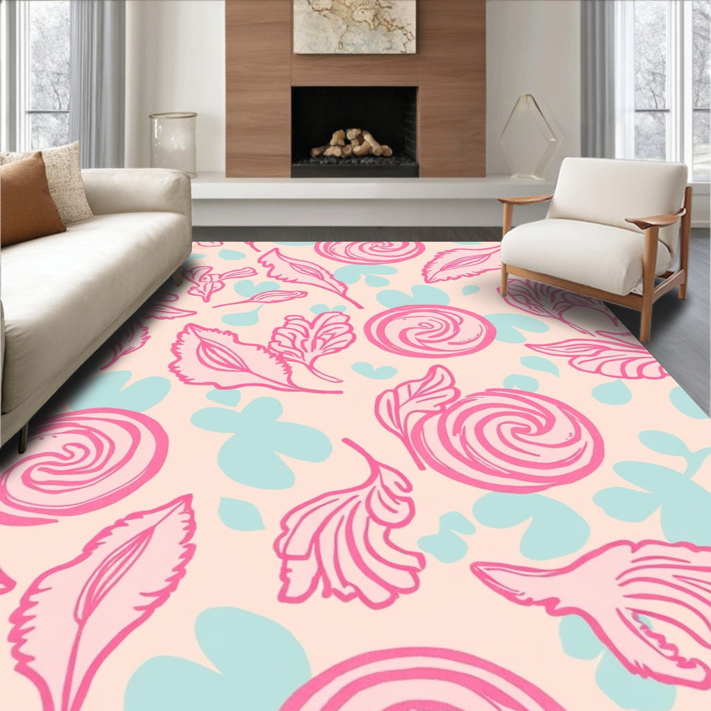Pink Floral Leaf Outline Pattern Rug